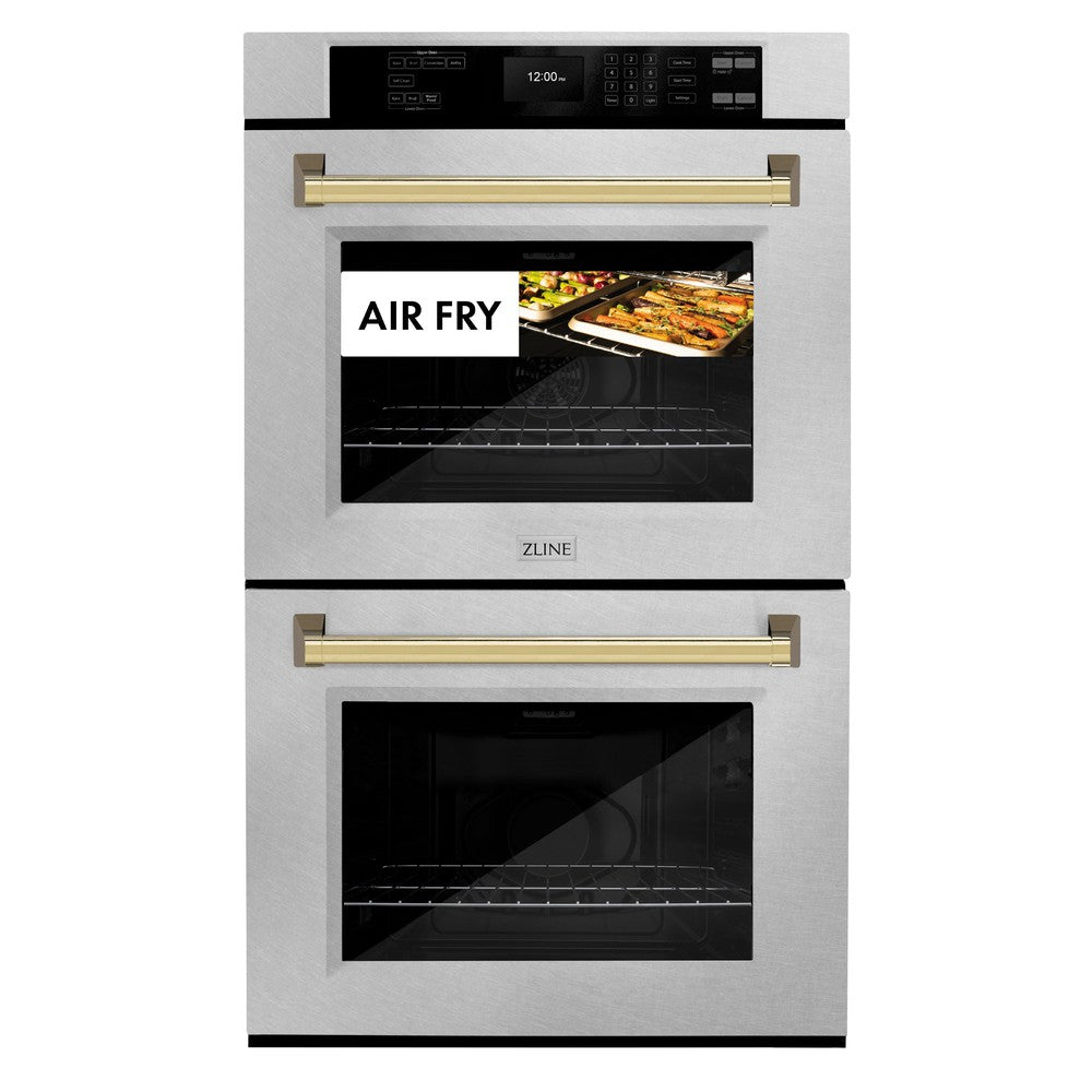 ZLINE Autograph Edition 30 Inch Stainless Steel Professional True Convection Double Wall Oven with Air Fry & Self-Clean - Polished Gold Handles (WADZ 30 G) - Perfect for Home Chefs & Modern Kitchens