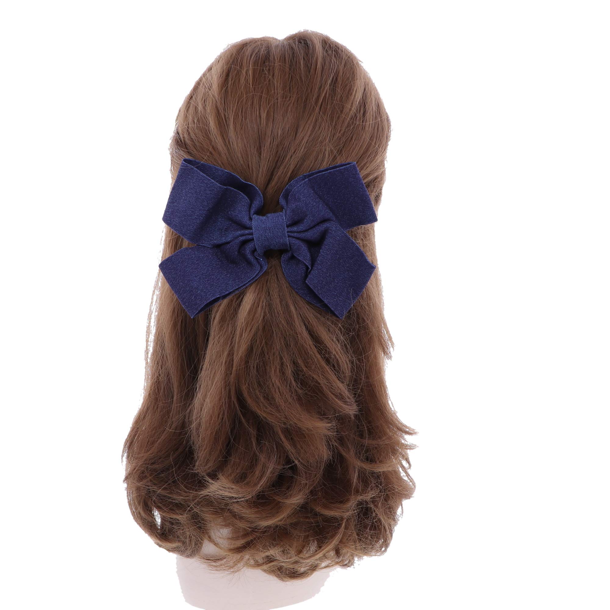 Denim Bow for Girls 7 inch - Dark Blue Hair Bow for Toddlers, Kids, and Teens - Perfect for School, Parties, and Special Occasions