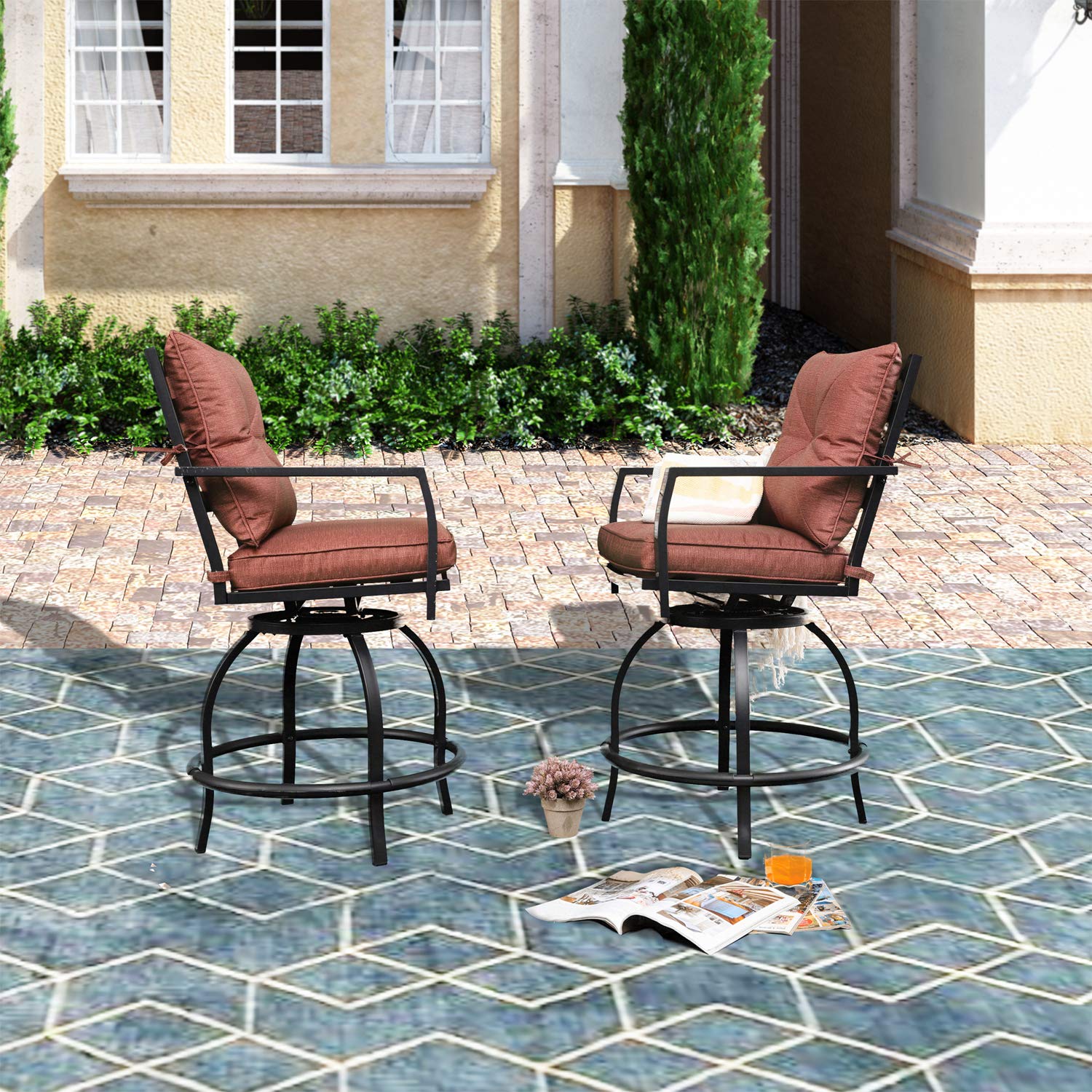 **Swivel Bar Height Patio Chairs with Cushions - 2 Pack Red Outdoor Bistro Set for Garden, Balcony, or Patio - Perfect for Relaxing, Entertaining, and Outdoor Dining**