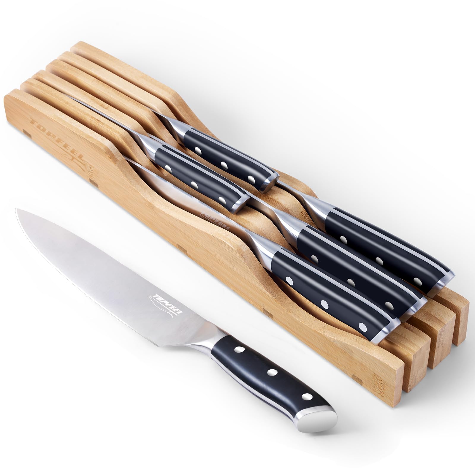 6Pcs Premium German High Carbon Stainless Steel Kitchen Knife Set - 3.5 to 8 Inch Sharp Chef Knives with Ergonomic Handle & Bamboo In-Drawer Organizer - Perfect for Home Cooking, Meat Cutting, Vegetable Chopping and Professional Kitchen Use