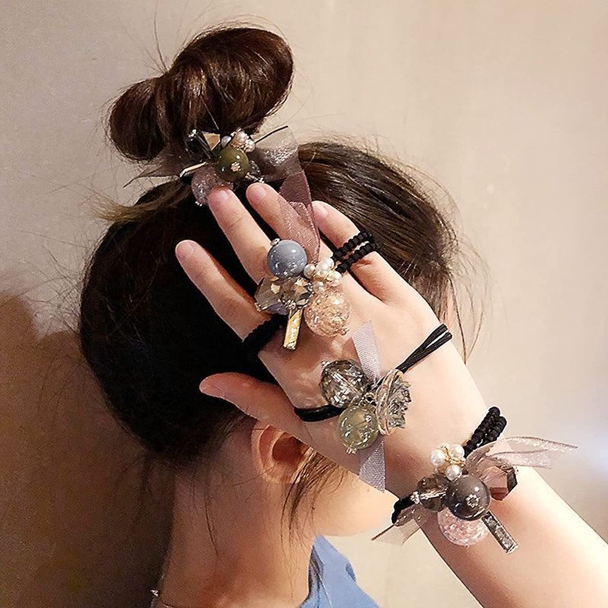 3Pcs Korean Hair Accessories Set - Double Layer Pearl Flower Bowknot Hair Rings & Ropes for Women | Elegant Hair Bands for Weddings, Parties & Daily Styling