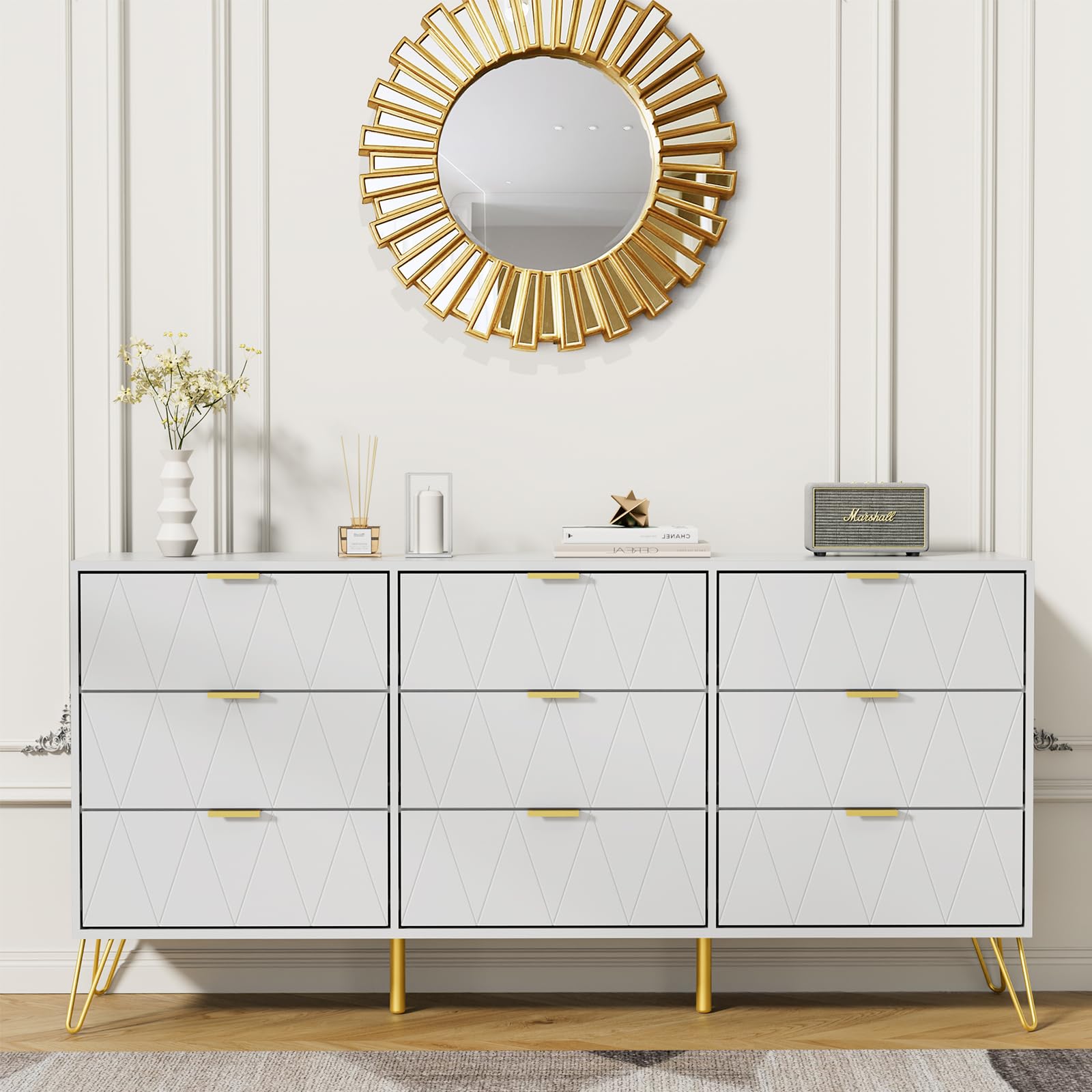 Anbuy 9-Drawer Dresser and Nightstand Set for Bedroom - 3-Piece White Wooden Storage Combo with 2 Nightstands | Perfect for Master Bedroom, Guest Room & Apartment Furniture