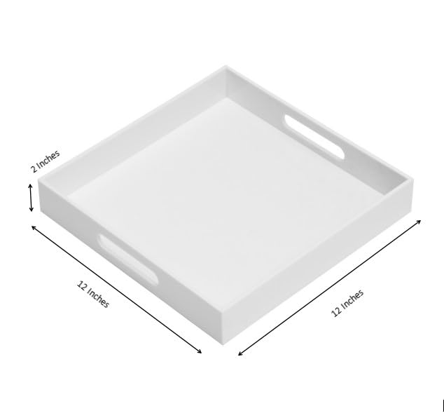 Sturdy Glossy White Acrylic Serving Tray with Handles - 12x12 Inch Multipurpose Tray for Coffee, Breakfast, Appetizers & Entertaining - Perfect for Kitchen, Dining Room & Hosting Guests
