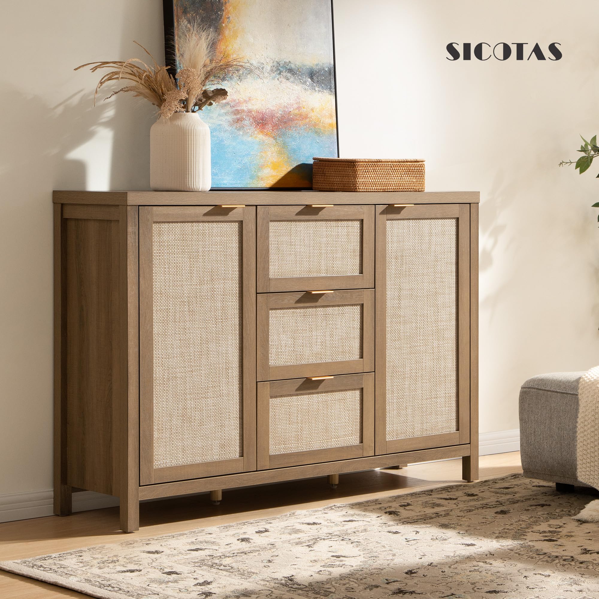 SICOTAS Rattan Large Sideboard Buffet Cabinet with Storage - Farmhouse Style Credenza with 3 Drawers & 2 Doors, Boho Wooden Console Coffee Bar Cabinet for Living Room, Kitchen, Entryway - Perfect for Home Decor, Storage Solution and Entertaining Guests