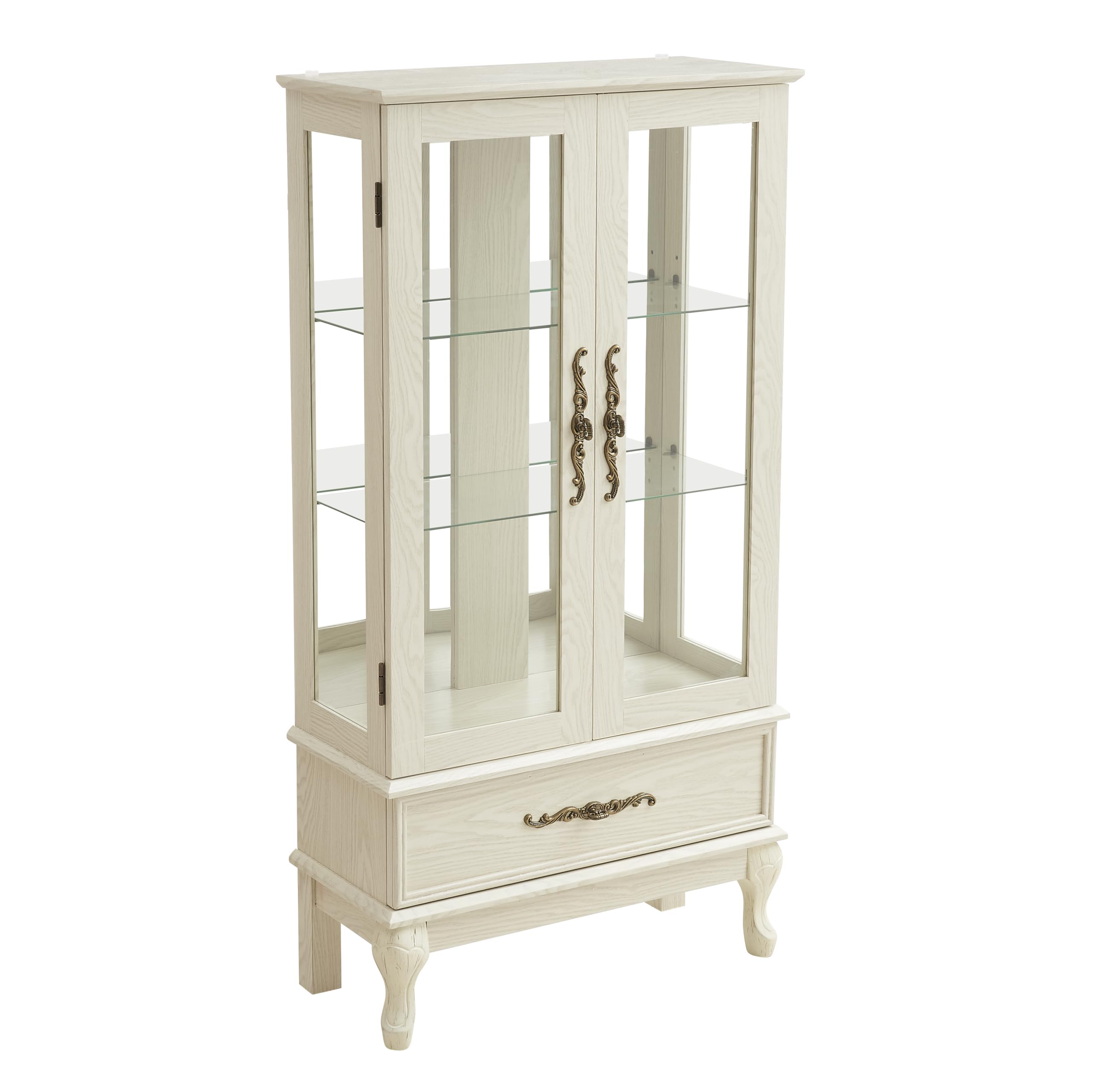 Antique White Curio Cabinet with Adjustable Glass Shelves - 2 Door Glass Display Cabinet with Light Bulbs Included, Wine Storage & Sideboard for Living Room, Dining Room, or Home Office Decor