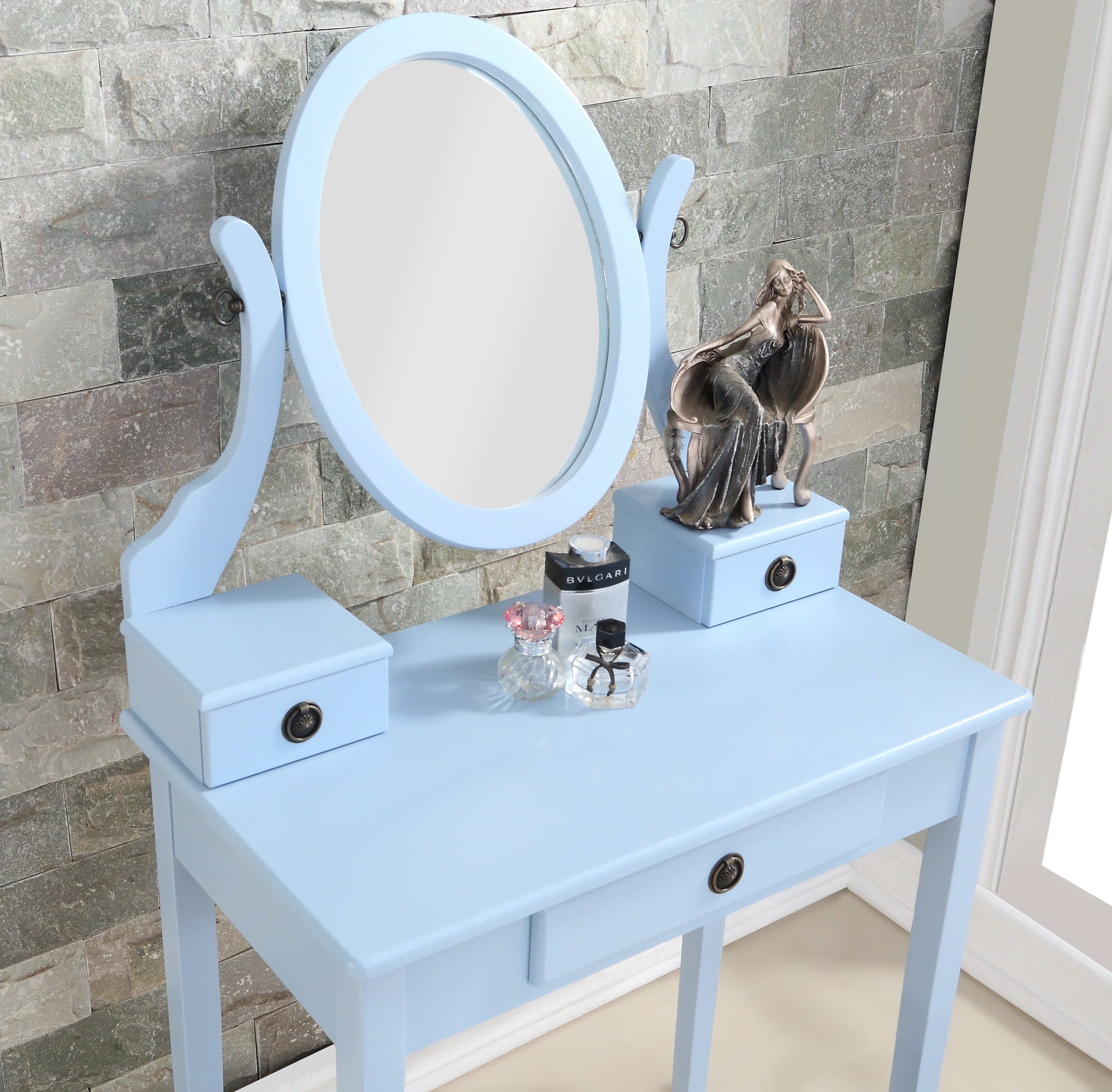 Roundhill Furniture Moniya Wood Makeup Vanity Table with Stool Set - Elegant Dressing Table for Bedroom, Bathroom & Salon Use