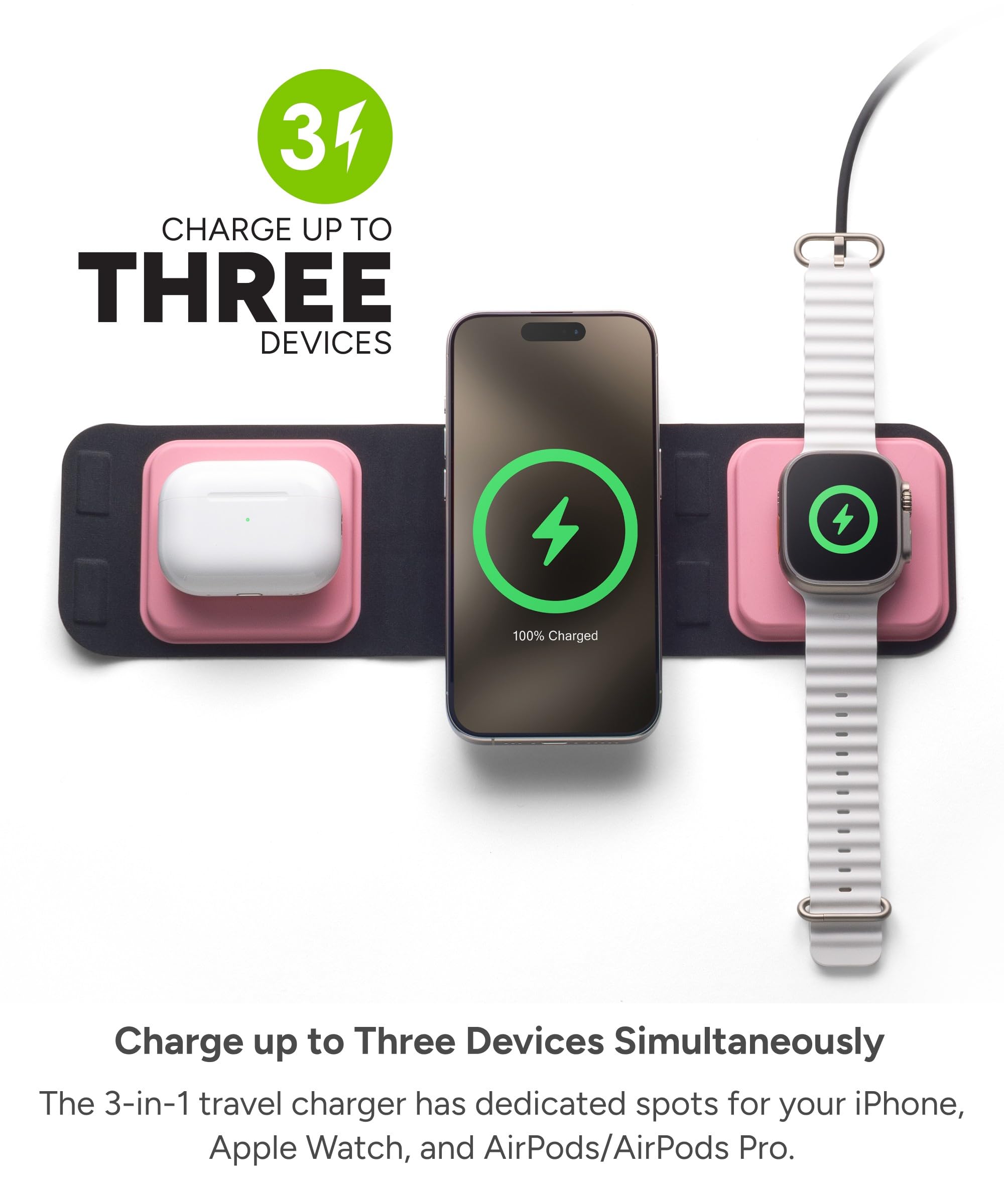 mophie 3-in-1 MagSafe Travel Charger - Fast Wireless Charging Station for iPhone 16/15/14/13/12, Apple Watch Series 10 to 1 & Ultra, AirPods Pro/3 | Portable Charging Hub | Cherry Blossom Pink | Perfect for Travel, Office & Nightstand Charging