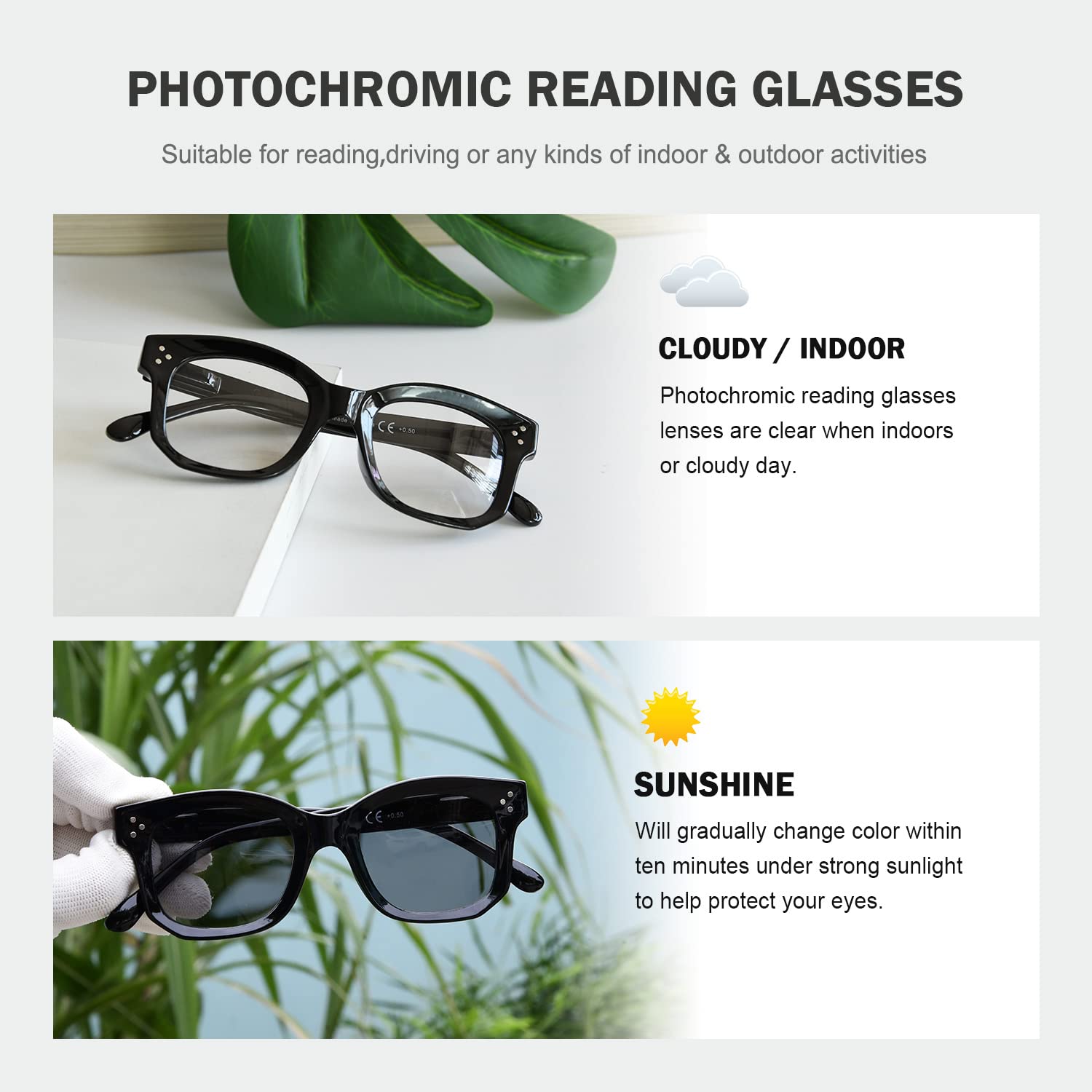 Photochromic Reading Glasses for Women - Light Adjusting +1.50 Magnification, Stylish Black Frame (Indoor/Outdoor Use, Reading, Computer Work)