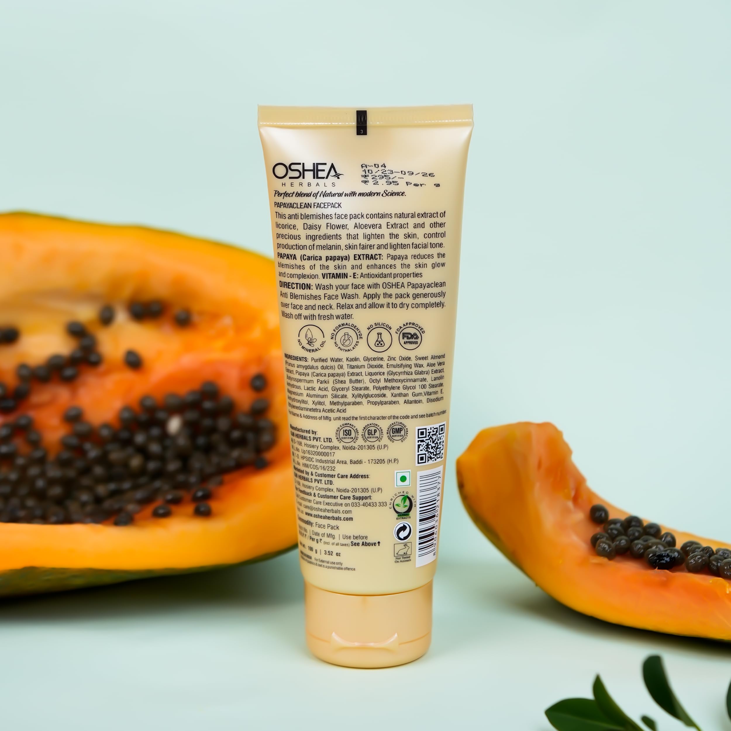 Oshea Herbals Papayaclean Anti Blemish Face Pack for All Skin Types | Hydrating & Brightening Facial Mask with Papaya Extract & Vitamin E | Reduces Dark Spots & Acne Scars | Perfect for Daily Skincare Routine & Spa Treatments - 100g