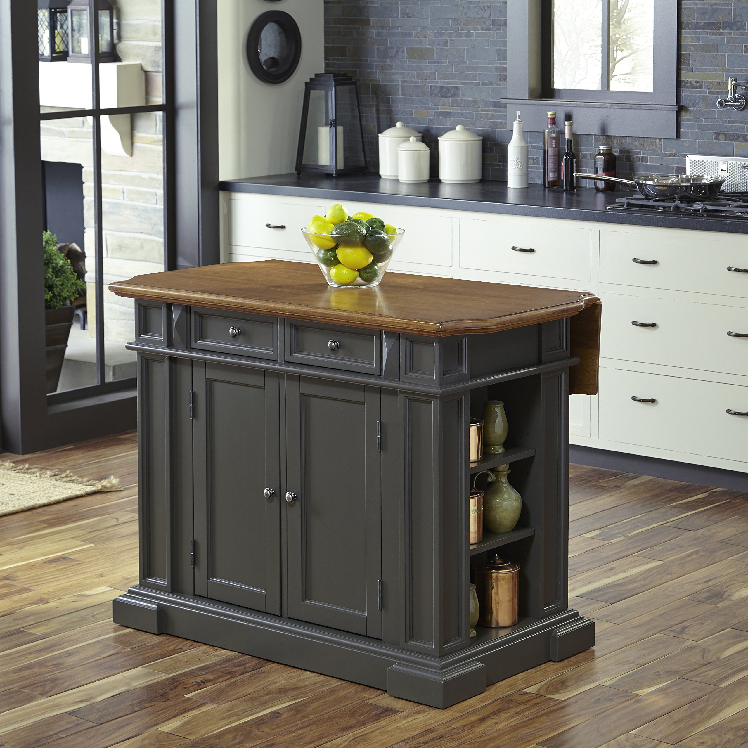 Homestyles Americana Gray Kitchen Island with Drop Leaf Breakfast Bar - Stylish & Functional Kitchen Furniture for Small Spaces, Perfect for Cooking, Dining & Entertaining