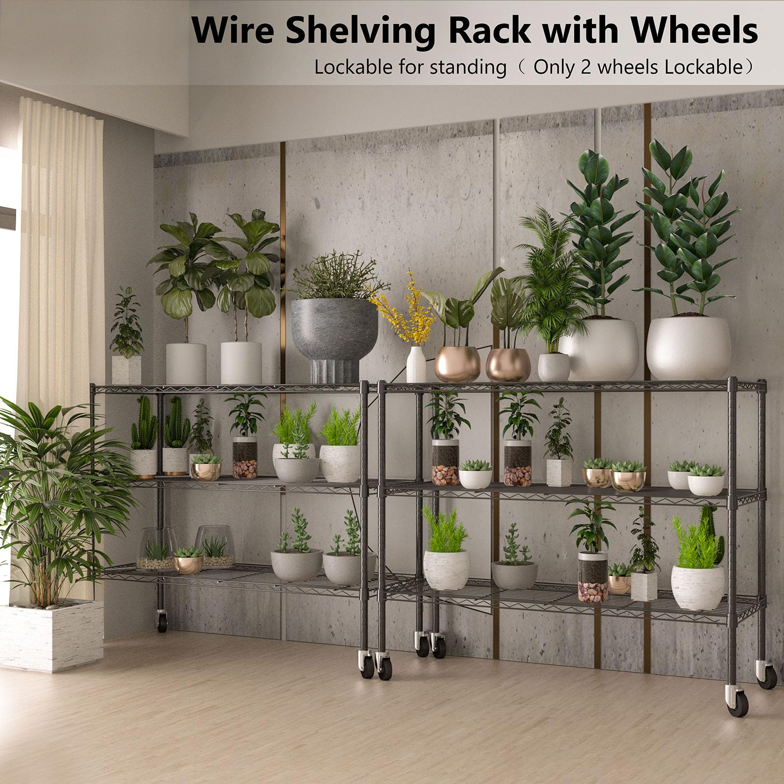 KKN 3-Tier Heavy Duty Metal Storage Shelves with Wheels & Adjustable Shelves - 47.27