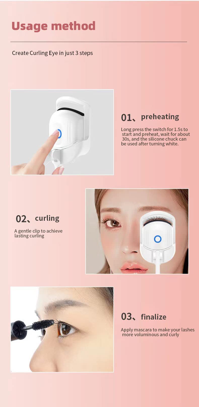 USB Rechargeable Heated Eyelash Curler with Silicone Pads - 2 Fast Heating Modes for Natural Curling, Perfect Lash Styling Tool for Women & Girls (Pink) | Great for Daily Makeup, Travel & Gift Giving