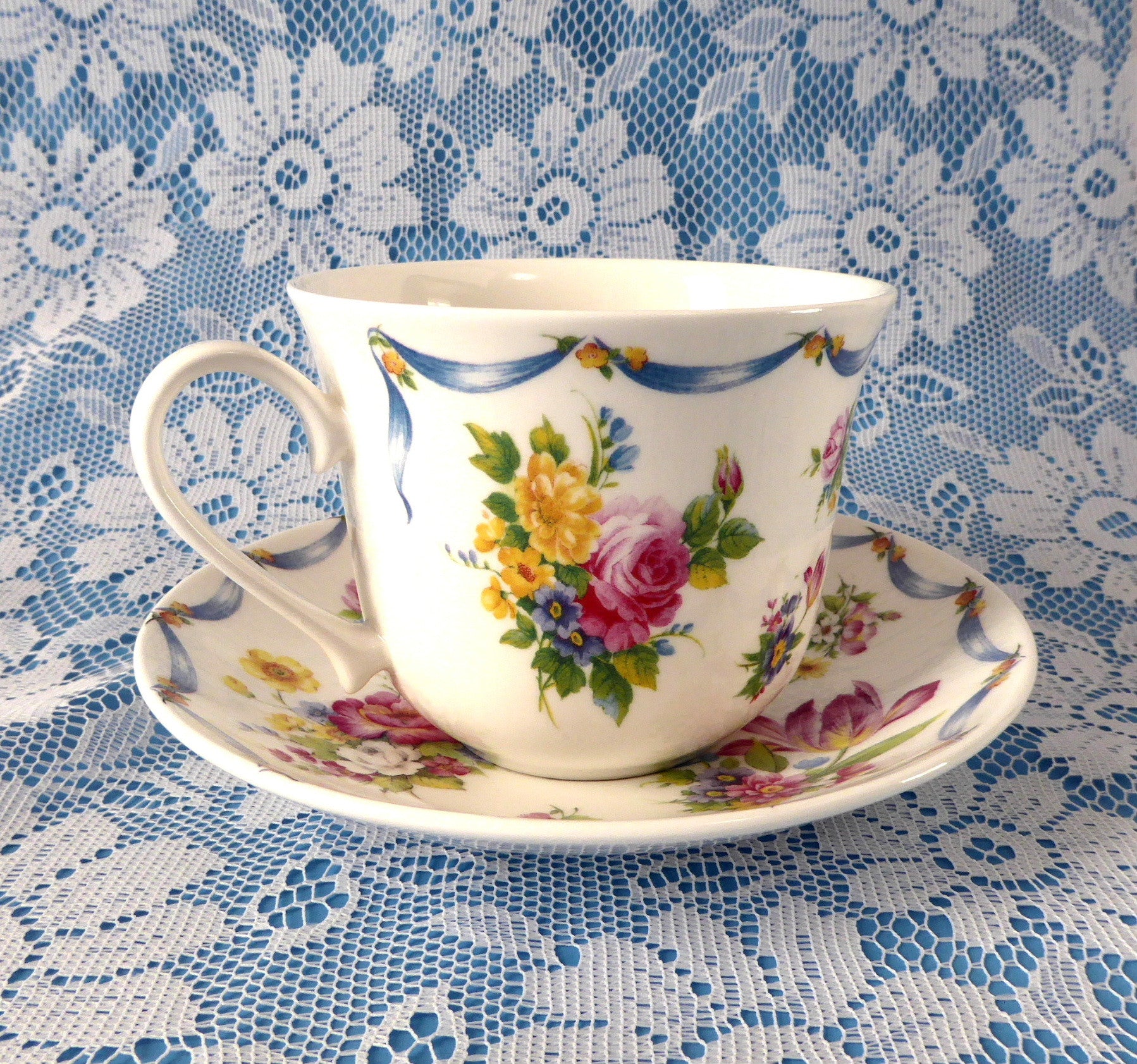 Roy Kirkham Floral Bone China Dresden Spray Breakfast Cup and Saucer Set - Perfect for English Tea Time, Breakfast, and Elegant Dining