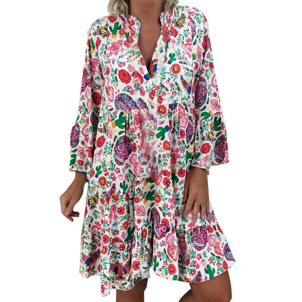 iLUGU Women's Floral Print Loose Fit Short Sleeve Mini Dress - Summer Casual Sundress for Beach, Vacation & Everyday Wear