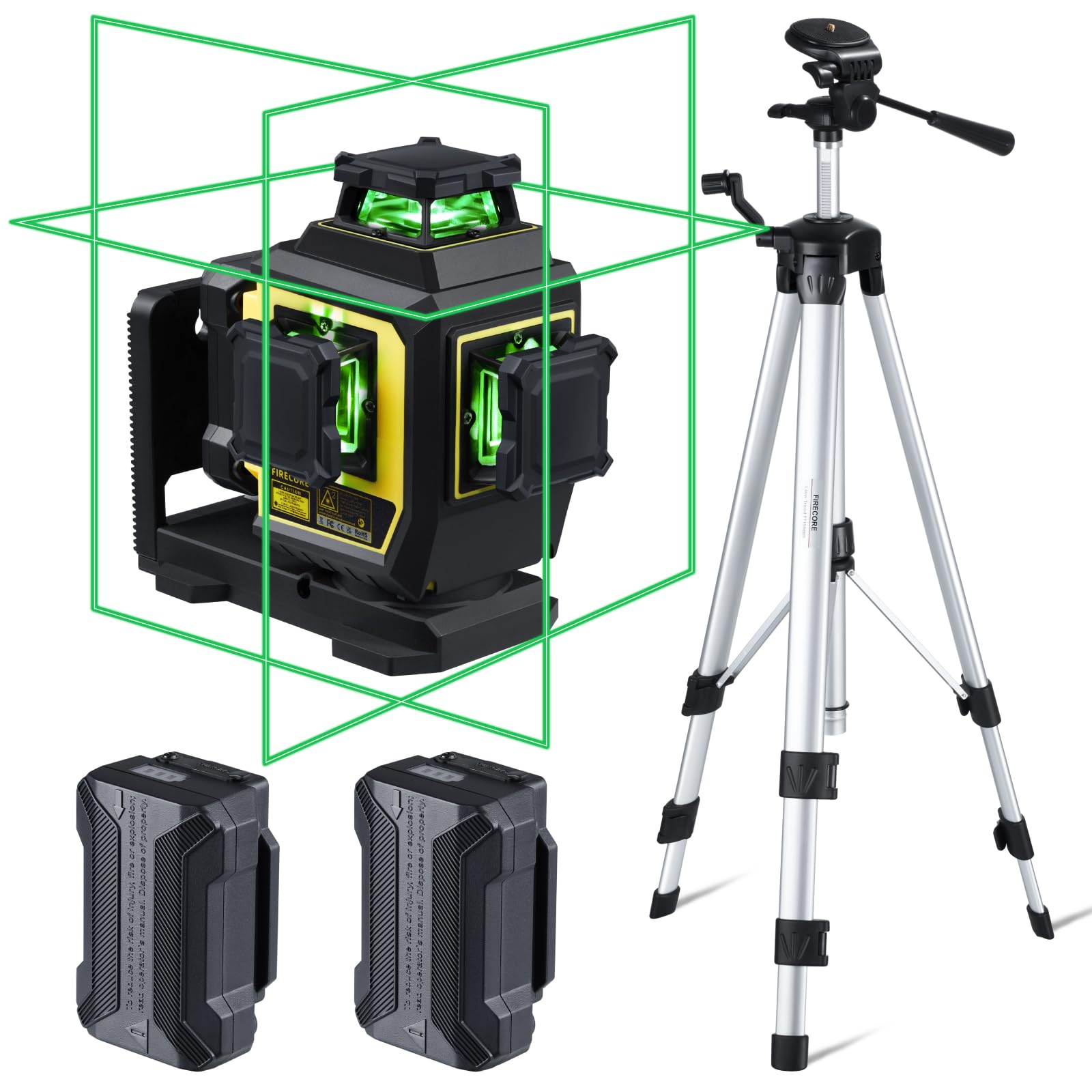 Firecore 360° Self-Leveling Green Laser Level with Tripod - 3 x 360° Cross Line Laser for Construction, 3 Brightness Modes, Pulse Mode, 2 Rechargeable Batteries & Carry Pouch - Perfect for Wall Alignment, Floor Tiling, and DIY Home Projects
