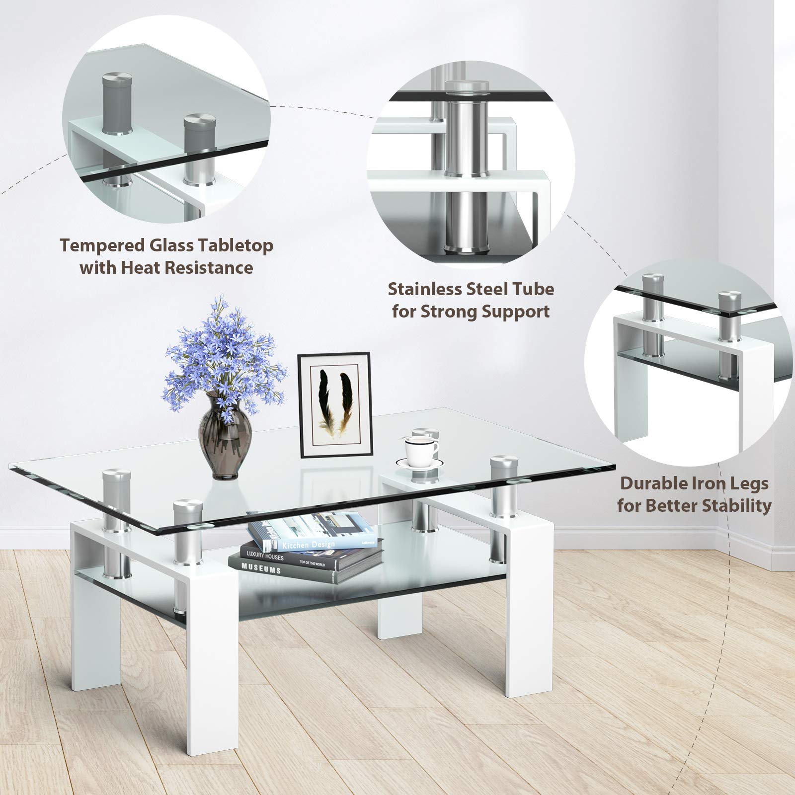 Tangkula Modern Rectangular Glass Coffee Table with Lower Shelf - Tempered Glass Top & Sturdy Metal Legs - Perfect for Living Room, Office, or Lounge (White)