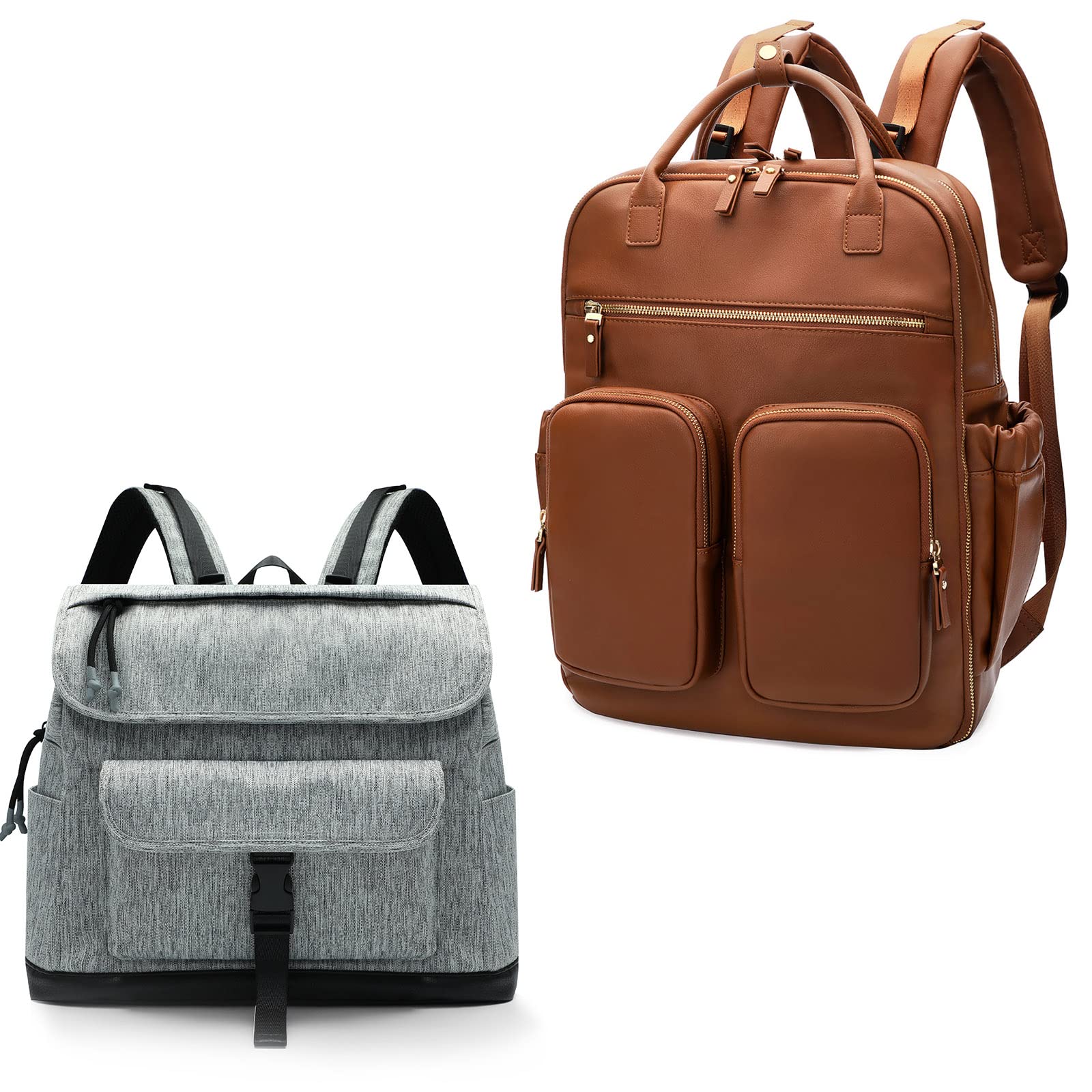 Premium Leather Diaper Backpack for Moms & Dads - 18 Pockets, 4 Insulated Compartments, Changing Station & Stroller Straps (Brown-Grey) - Perfect Baby Travel Bag for Boys & Girls, Ideal for Daycare, Family Outings & Airplane Travel