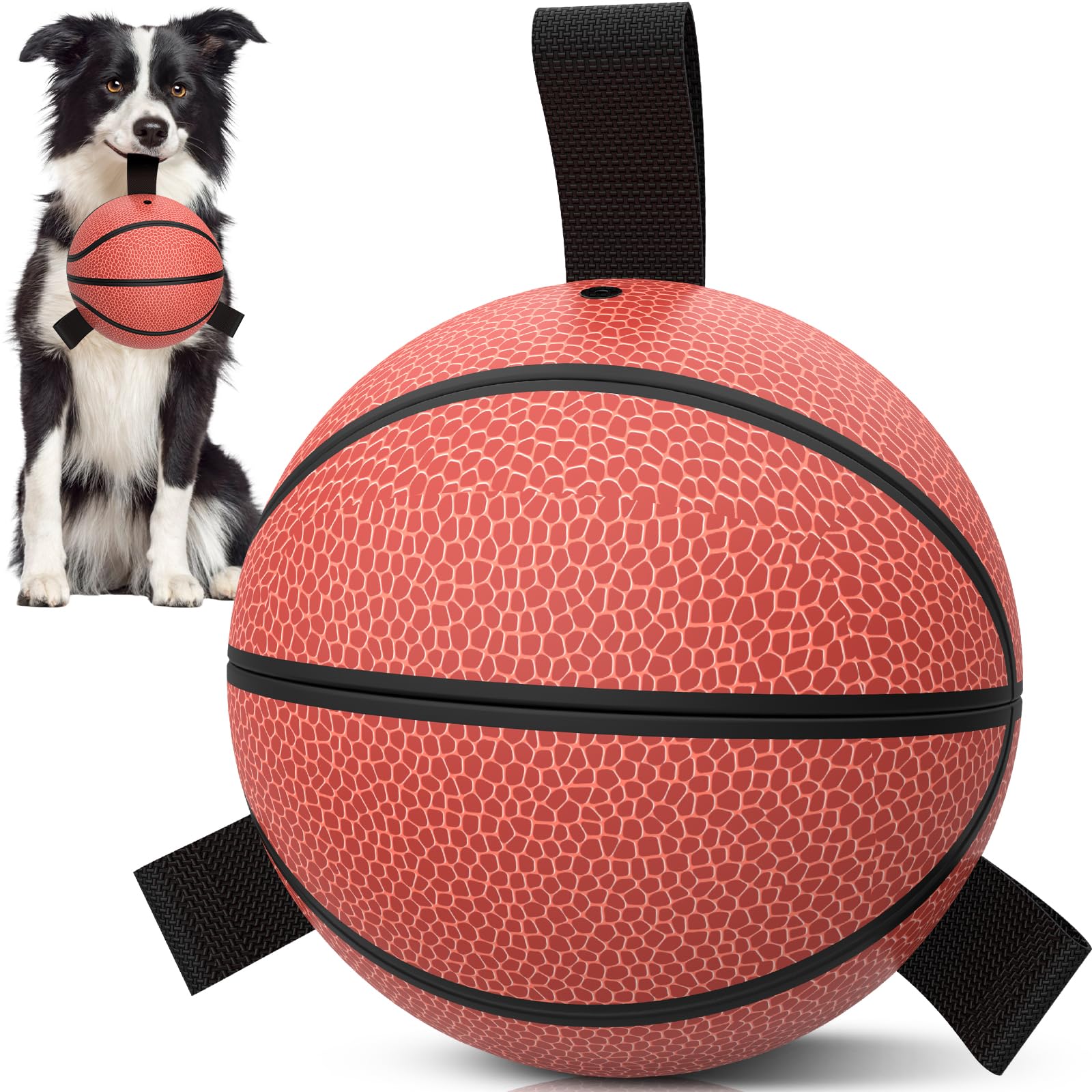 **QDAN 6-Inch Red Dog Ball Basketball Toy with Straps - Durable Tug of War & Water Fetch Toy for Small & Medium Dogs - Perfect for Pool Play, Training, and Birthday Gifts**