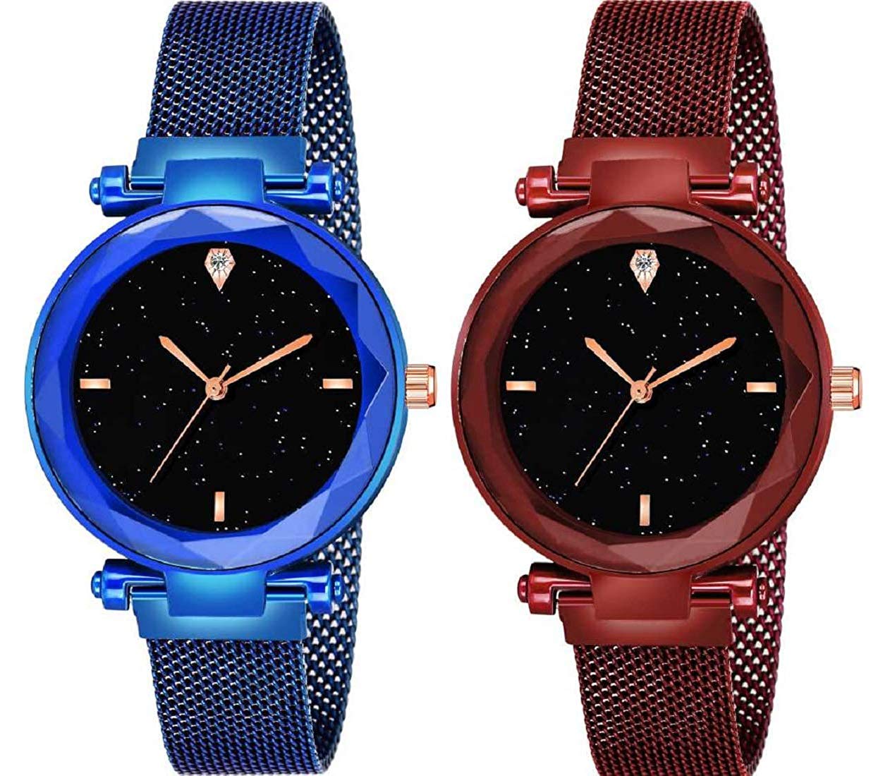 Acnos® Premium 4-Point Blue & Red Magnetic Analog Metal Strap Watches for Women & Girls - Pack of 2 (P-170-210) | Trendy Fashion Accessory for Casual Wear, Office & Special Occasions