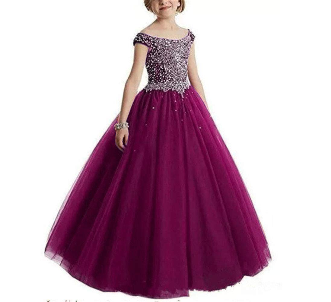VeraQueen Girls Off Shoulder Beaded Pageant Dress - Cap Sleeve Ruffled Princess Ball Gown in Fuchsia Pink | Perfect for Beauty Pageants, Prom, Quinceañera & Special Occasions
