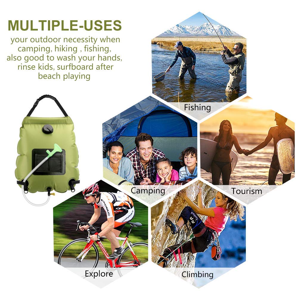 5 Gallon Solar Shower Bag - 20L Portable Camping Shower with Removable Hose & On/Off Switchable Shower Head | Perfect for Beach, Hiking, RV Trips & Outdoor Adventures | Lightweight Travel Shower for Camping, Swimming & Emergency Use