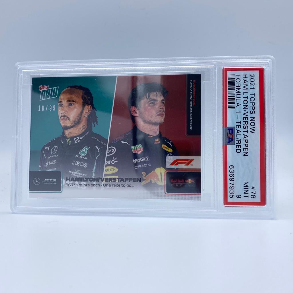 PSA 9 Graded 10/99 Hamilton vs Verstappen #78 F1 Racing Card - 369.5 Points Each - Teal & Red Colors - Perfect for Collectors and F1 Fans Display