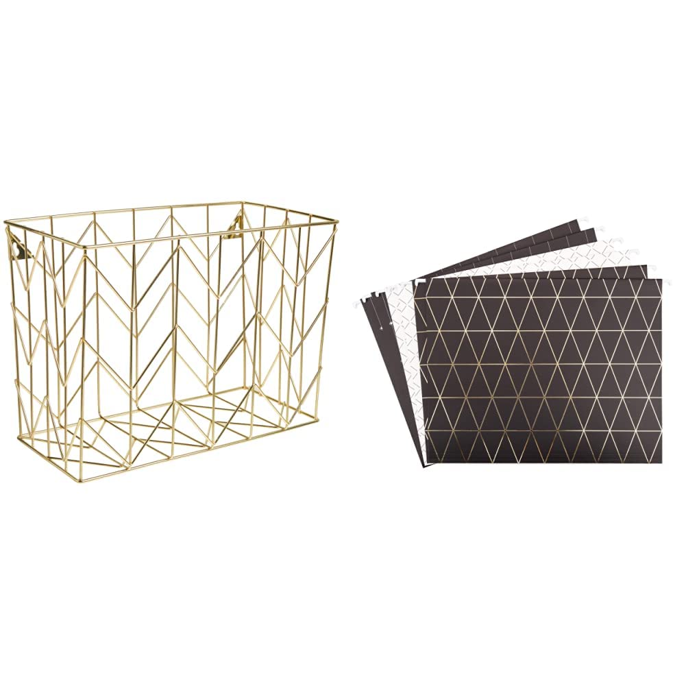 U Brands Hanging File Desk Organizer - Metal Wire File Holder in Gold (894U02-06) with Classic Hanging File Folders Set (6-Pack, Black/Gold/White) - FSC Certified Office Supplies for Desk Organization & Document Storage