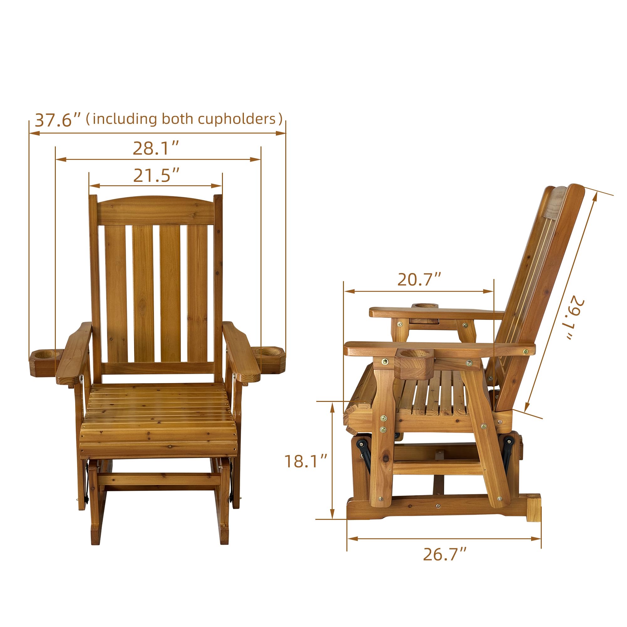 Fortune Candy Solid Fir Wood Patio Glider - Heavy Duty 600 lbs Capacity, High Back & Deep Contoured Seat for One Person (Cedar Tone) - Perfect for Porch, Deck, Garden Relaxation & Outdoor Lounging