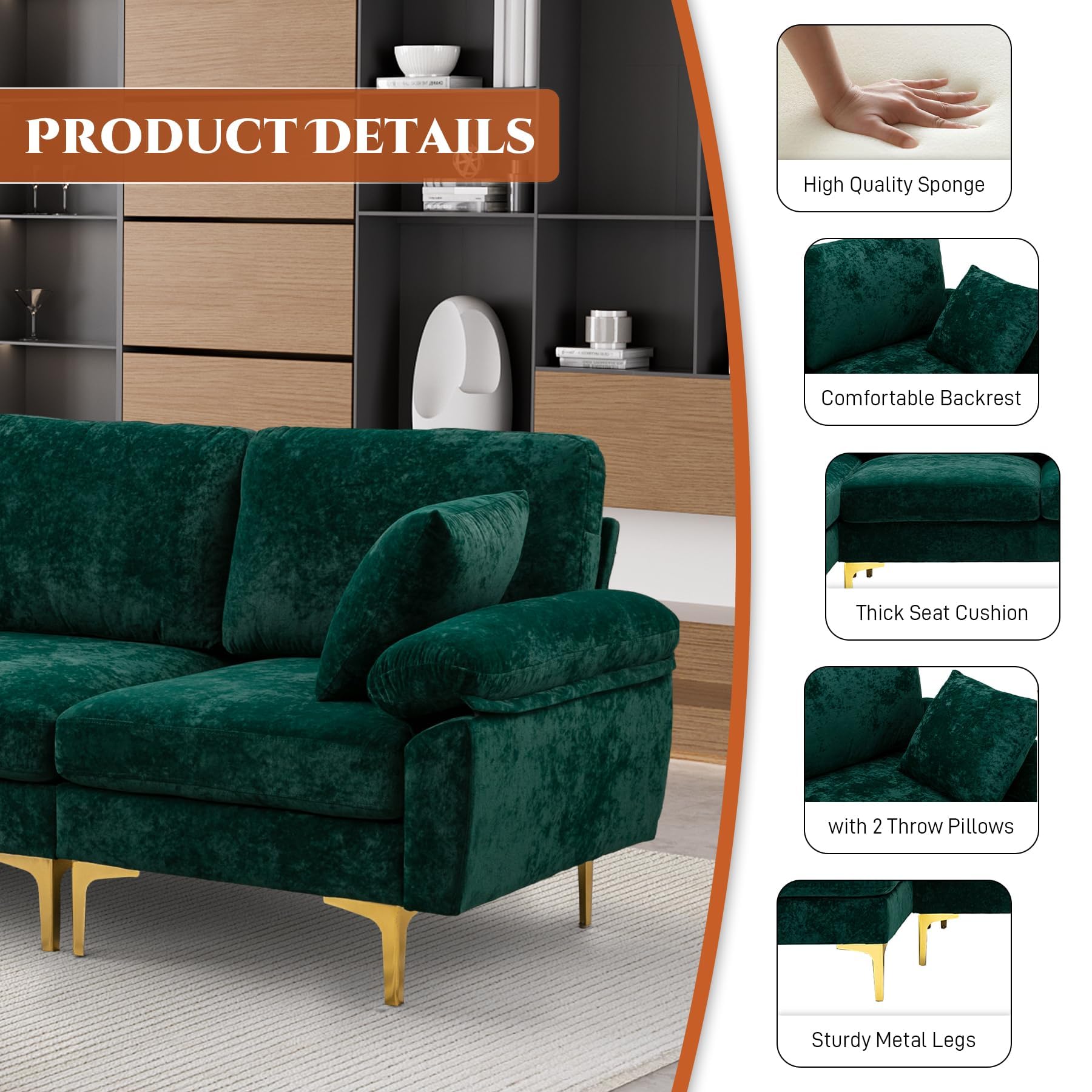 OUYESSIR U-Shaped Sectional Sofa Couch - 4 Seat Convertible L-Shaped Velvet Sofa Set with Chaise Lounge, Ottoman & Throw Pillows (114
