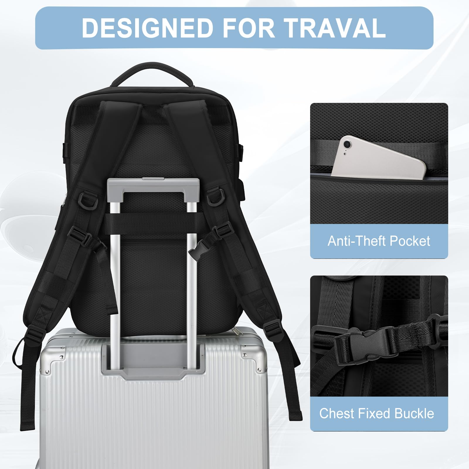Large Travel Backpack for Men & Women - Flight Approved Carry-On Backpack with Waterproof Design - Perfect for Air Travel, Hiking, Commuting & TikTok Adventures