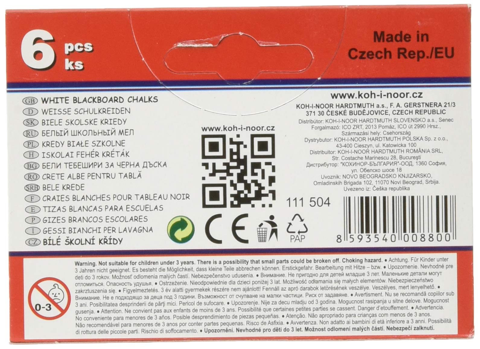 KOH-I-NOOR White Blackboard Chalk - 6 Pack | Non-Toxic Dustless Chalk for Classroom, Restaurant Menu Boards & Home Schooling