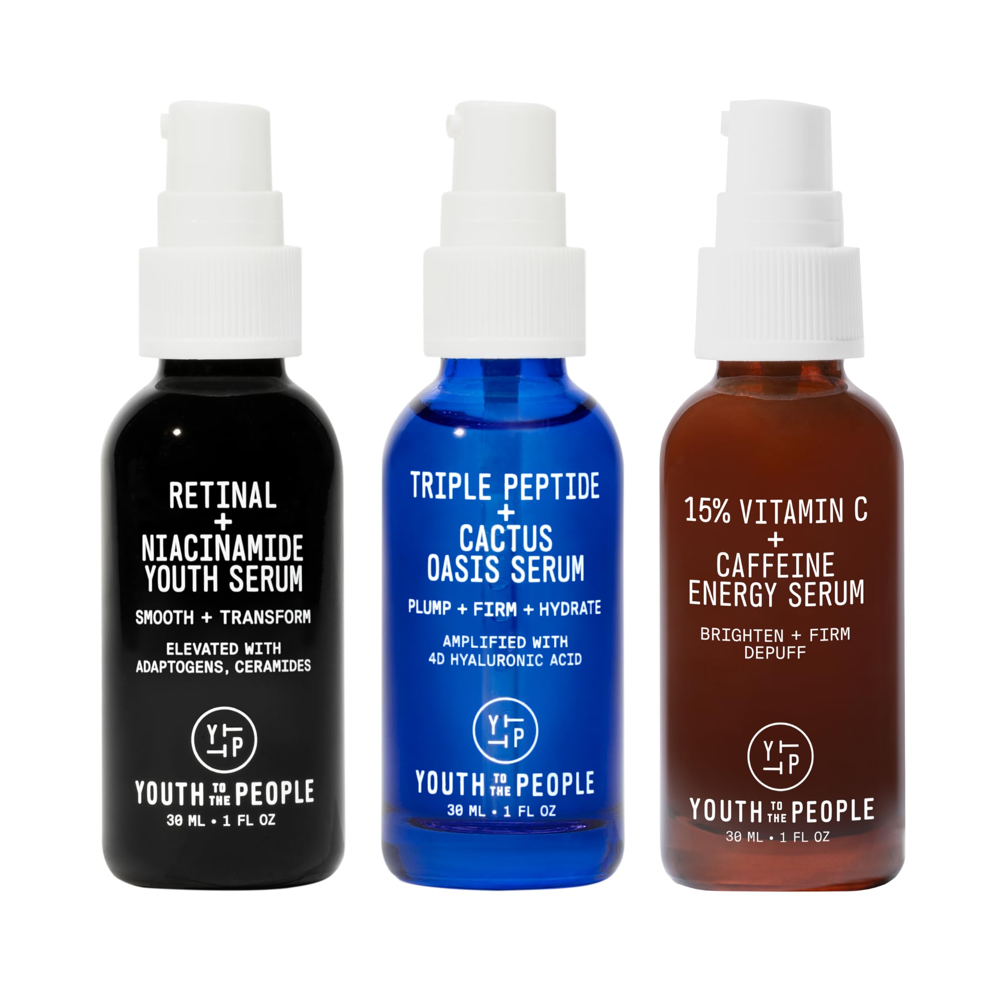 Youth To The People Facial Serum Trio Set - Retinal + Niacinamide, 15% Vitamin C + Caffeine & Triple Peptide + Cactus Oasis (3x1oz) for All Skin Types | Brightening, Hydration & Anti-Aging Skincare Routine | Perfect for Daily Use, Travel & Gift Sets