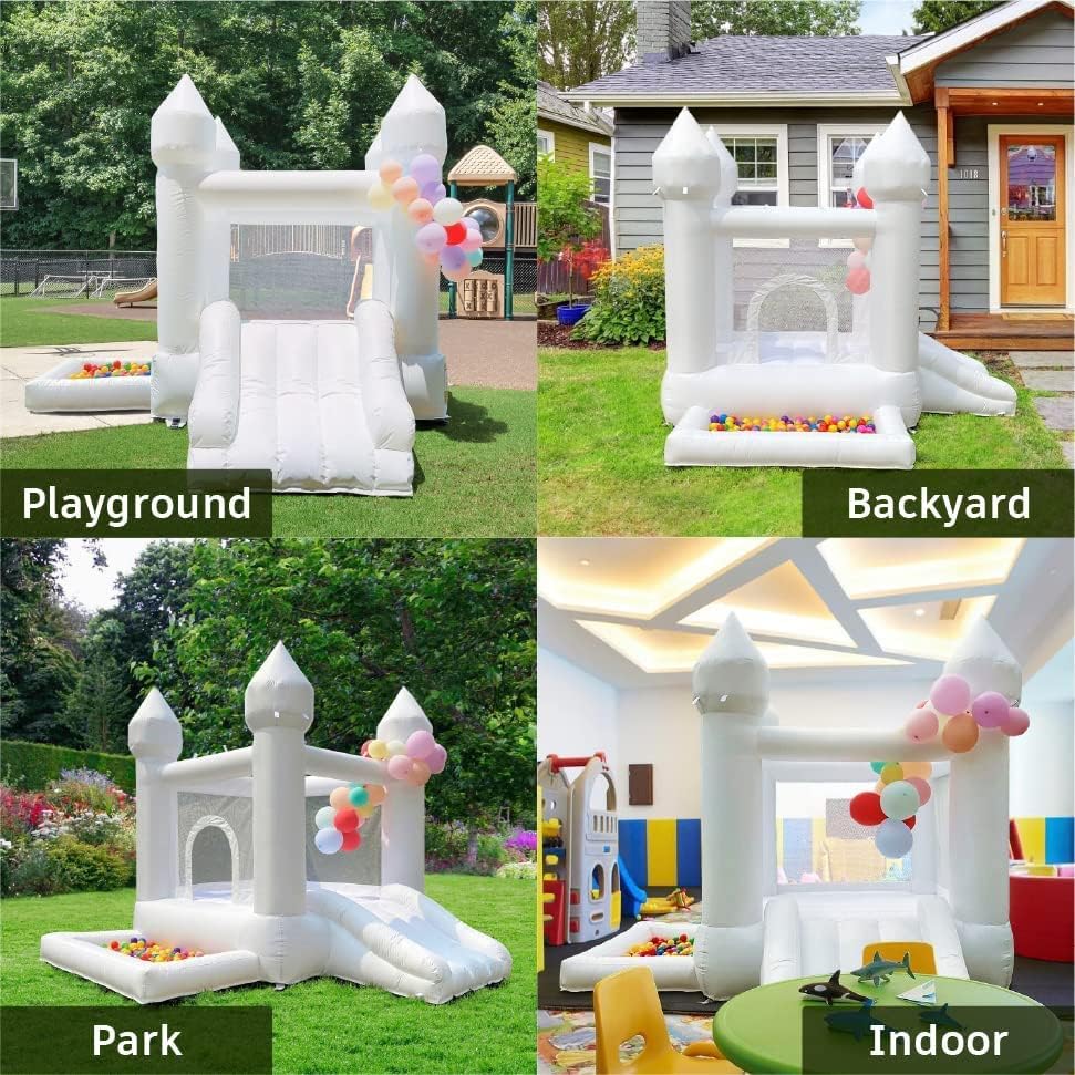 **White Bounce House with Slide & Ball Pit - 108 x 108 x 84 Inch Inflatable Castle for Kids Birthday Party, Outdoor Play, Backyard Fun - Includes Blower (Oxford White)**    *(Perfect for birthday parties, outdoor playdates, backyard entertainment, and family gatherings!)*