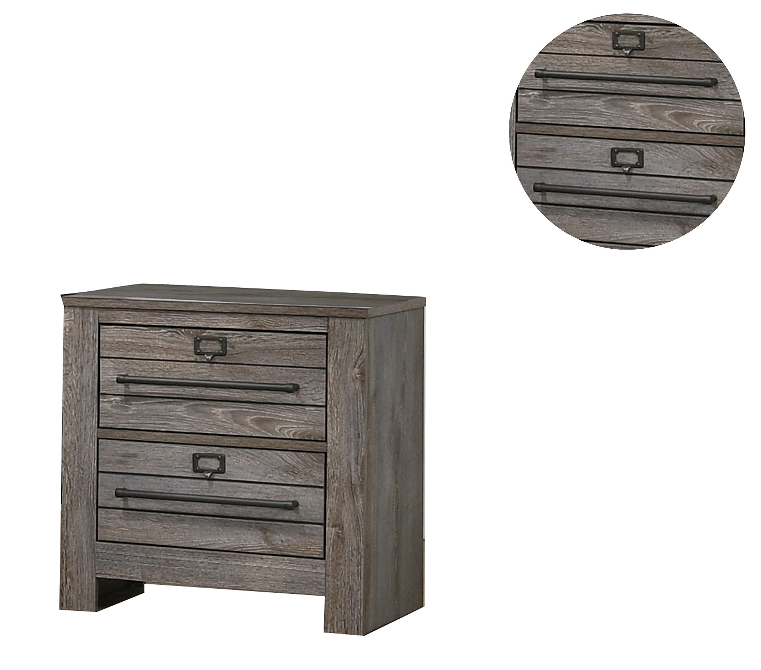 Benjara 2 Drawer Wooden Nightstand with Metal Bar Pulls and Sled Base - Gray Finish Bedside Table for Bedroom, Living Room, or Office Storage