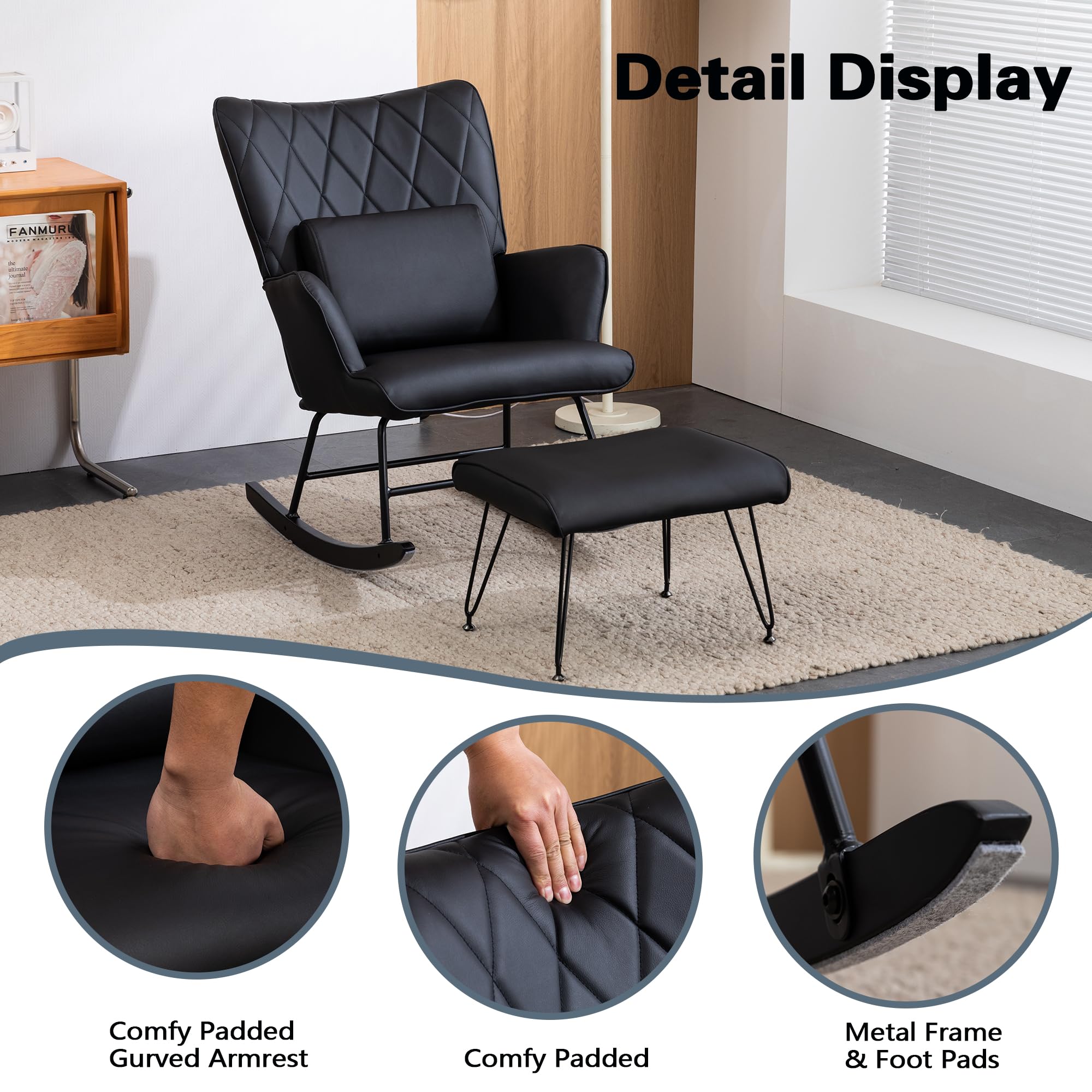 Bonrcea Nursery Rocking Chair - Comfortable Glider Chair with Lumbar Support Pillow & Ottoman Set - Perfect for Nursery, Living Room, Bedroom - Ideal for Breastfeeding, Relaxing & Nursery Decor