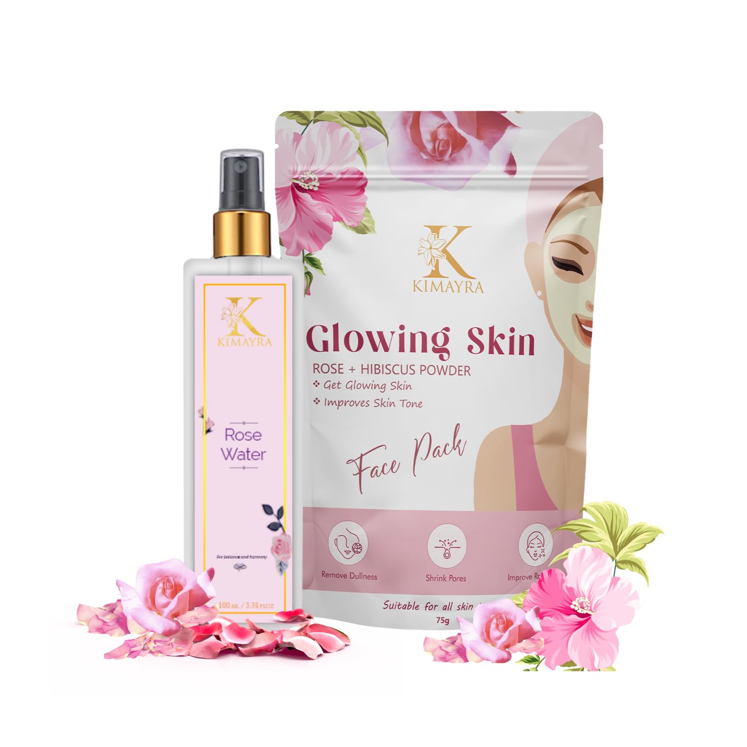 Kimayra Rose & Hibiscus Face Pack Powder for Glowing Skin + Pure Rose Water Facial Spray | Premium Gulab Jal for All Skin Types | Natural Skin Care Set (100ml + 75g) - Brightening Treatment for Dry, Oily & Combination Skin | Perfect for Daily Skincare Routine & Spa Treatments