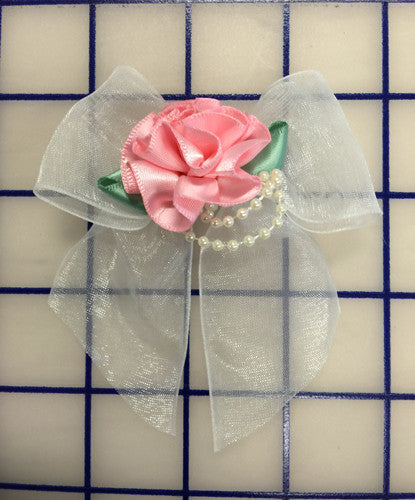 Elegant White Chiffon Bow with Pink Rosette & Pearl Accents - Perfect for Wedding Hair Accessories, Bridal Bouquets, and DIY Crafts