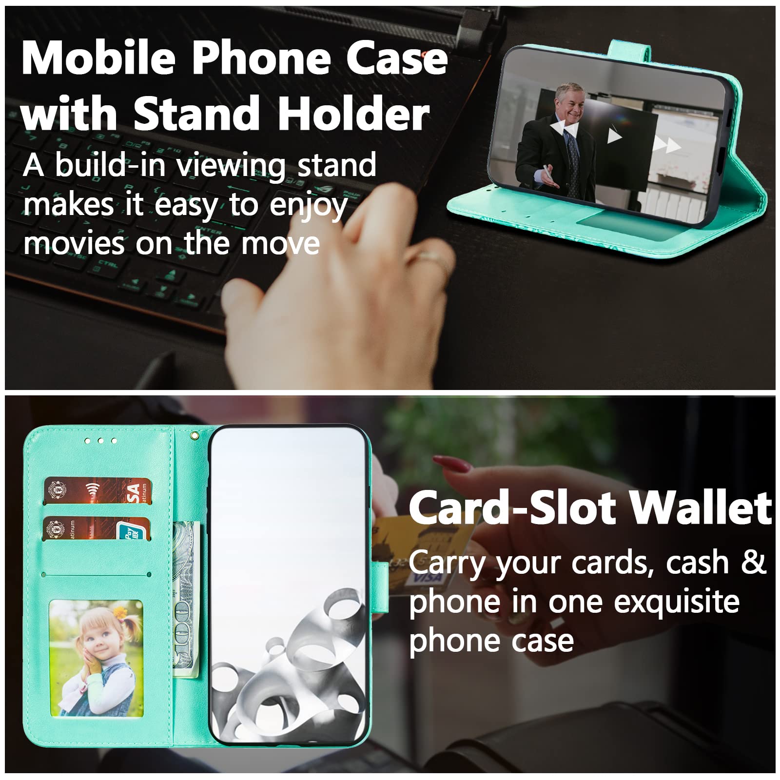 EYZUTAK Premium Leather Mandala Flip Wallet Case for iPhone SE (5G) 2022/iPhone 7/iPhone 8/iPhone SE 2020 - Ultra Slim Magnetic Stand Cover with Card Slots & Lanyard (Embossed Green) - Perfect for Travel, Work & Everyday Protection