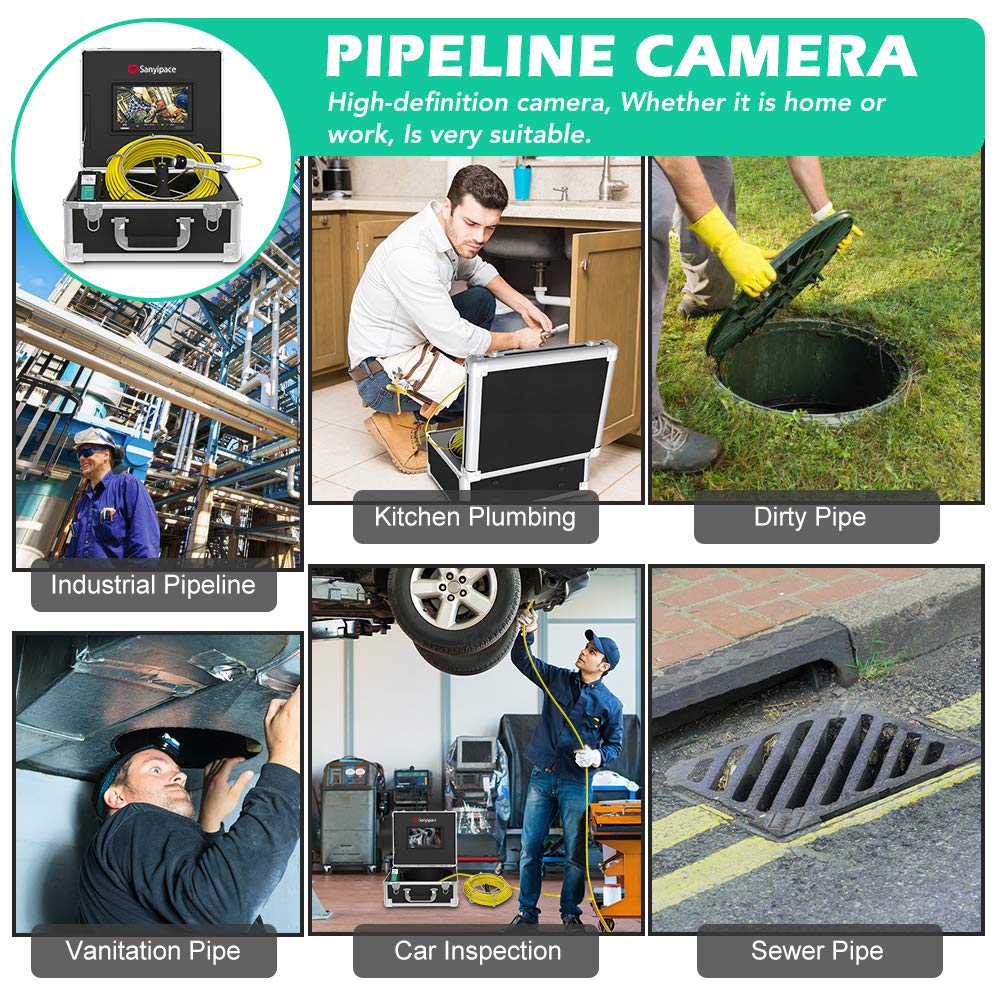 Sanyipace 165FT/50M WiFi Sewer Inspection Camera with Wireless Transmission, IP68 Waterproof Drain Camera with LED Lights & 7