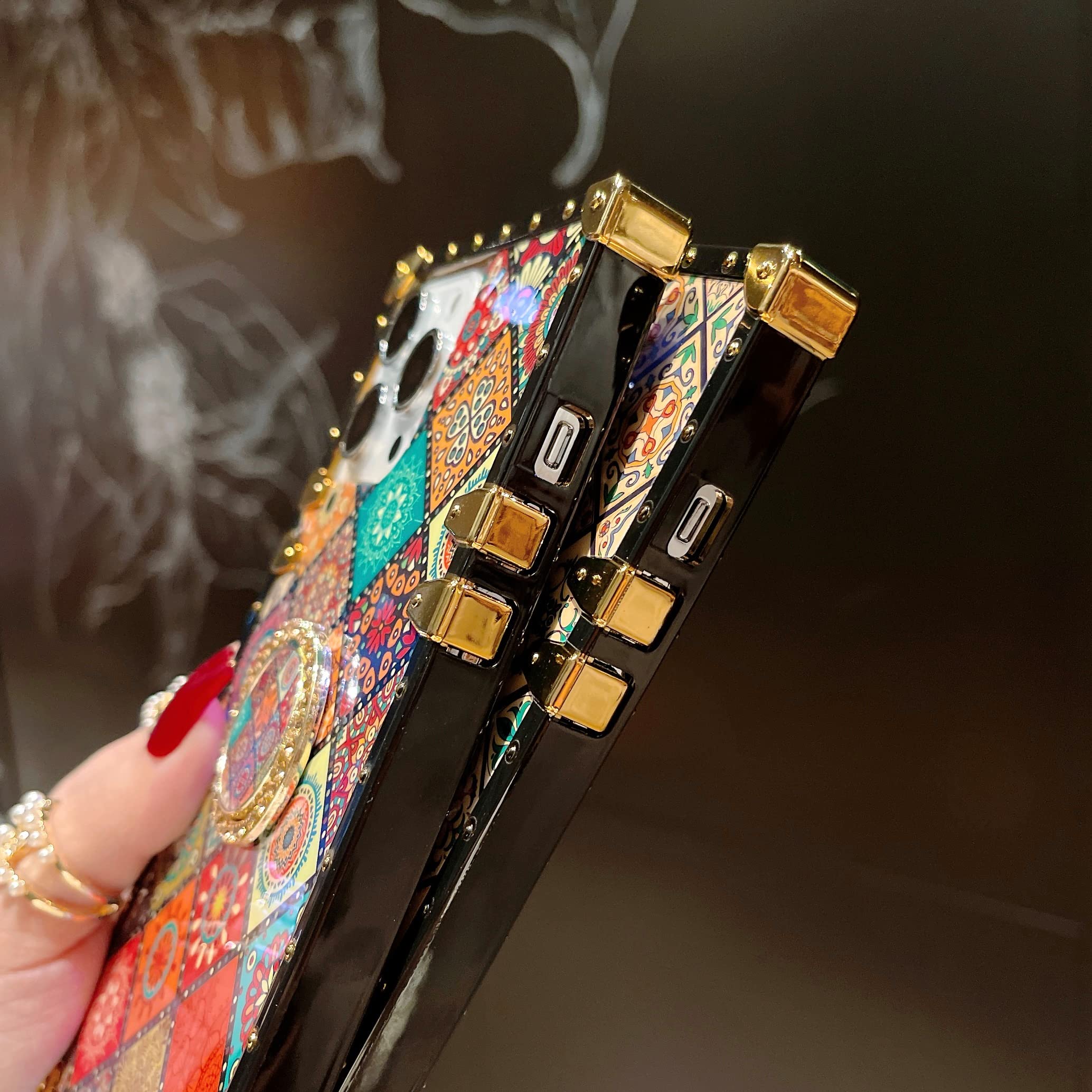 Retro Totem Blue Ray Phone Case for iPhone 13/14 with Glitter Holder Ring - Indian Hippie Bohemian Psychedelic Peacock Diamond Lattice Mandala Design - Shockproof Protective Cover (6.1 Inch) - Perfect for Festival, Travel & Boho Style Lovers