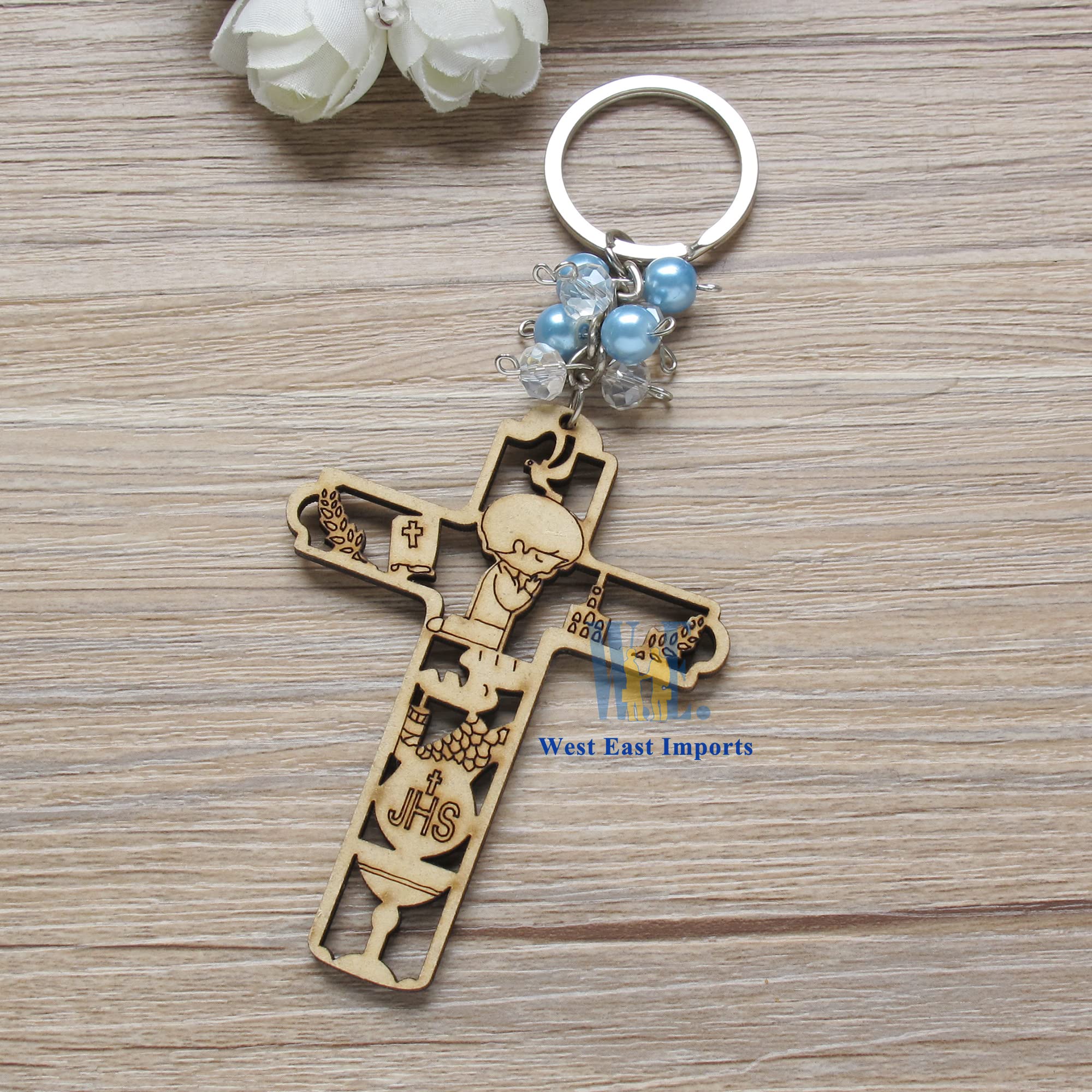 12-Piece First Holy Communion Wooden Keychain Set - Religious Keepsake Gift for Boys, Party Favors, Baptism Souvenirs - Perfect for Church Events, Sunday School, and Christian Celebrations