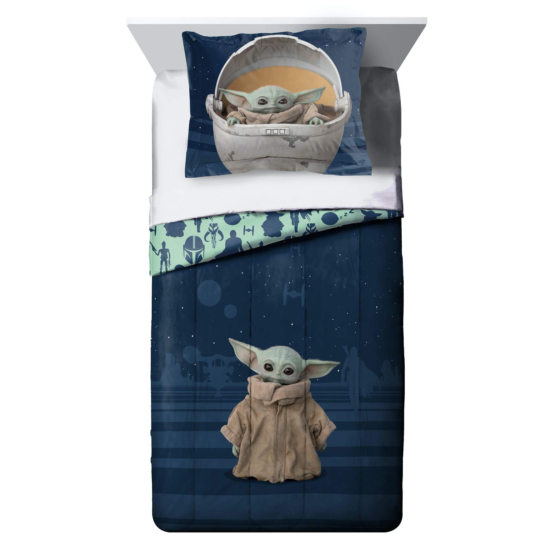 Star Wars The Mandalorian Baby Yoda Bedding Set - Twin Size Comforter, Sham & Sheet for Kids Room Decor | Galactic Nursery Theme | Perfect Gift for Disney Fans