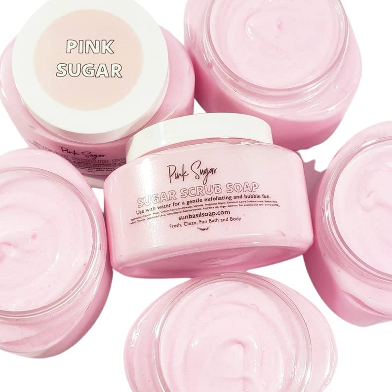 Pink Sugar Whipped Body Scrub - Exfoliating & Moisturizing Handmade Soap in Jar for Soft Smooth Skin | Perfect for Spa Day, Gift & Self Care Routine