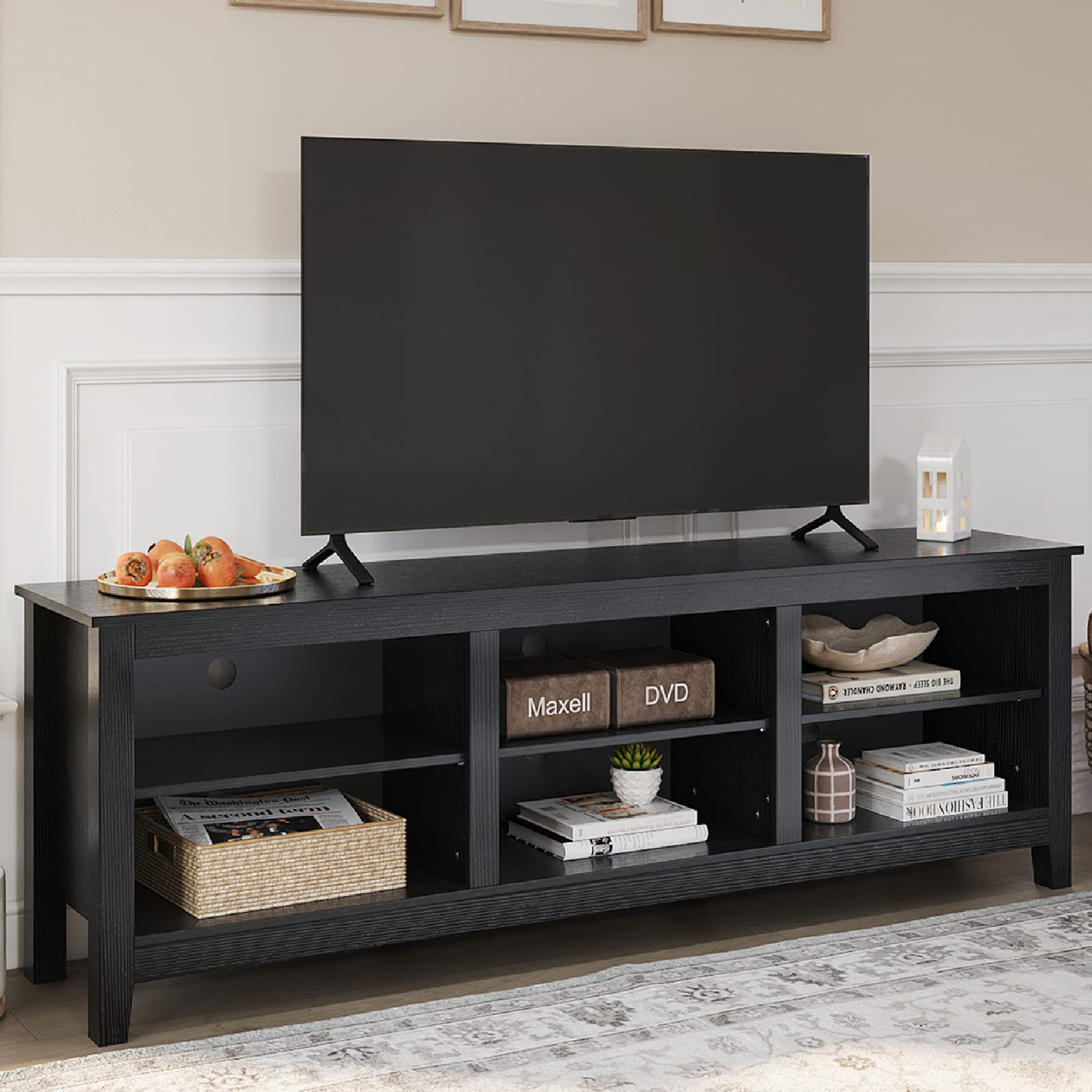 Panana 6-Cubby TV Stand for 80 Inch TVs - Black Media Storage Cabinet with Open Shelves - Perfect for Living Room, Bedroom & Home Theater Setup