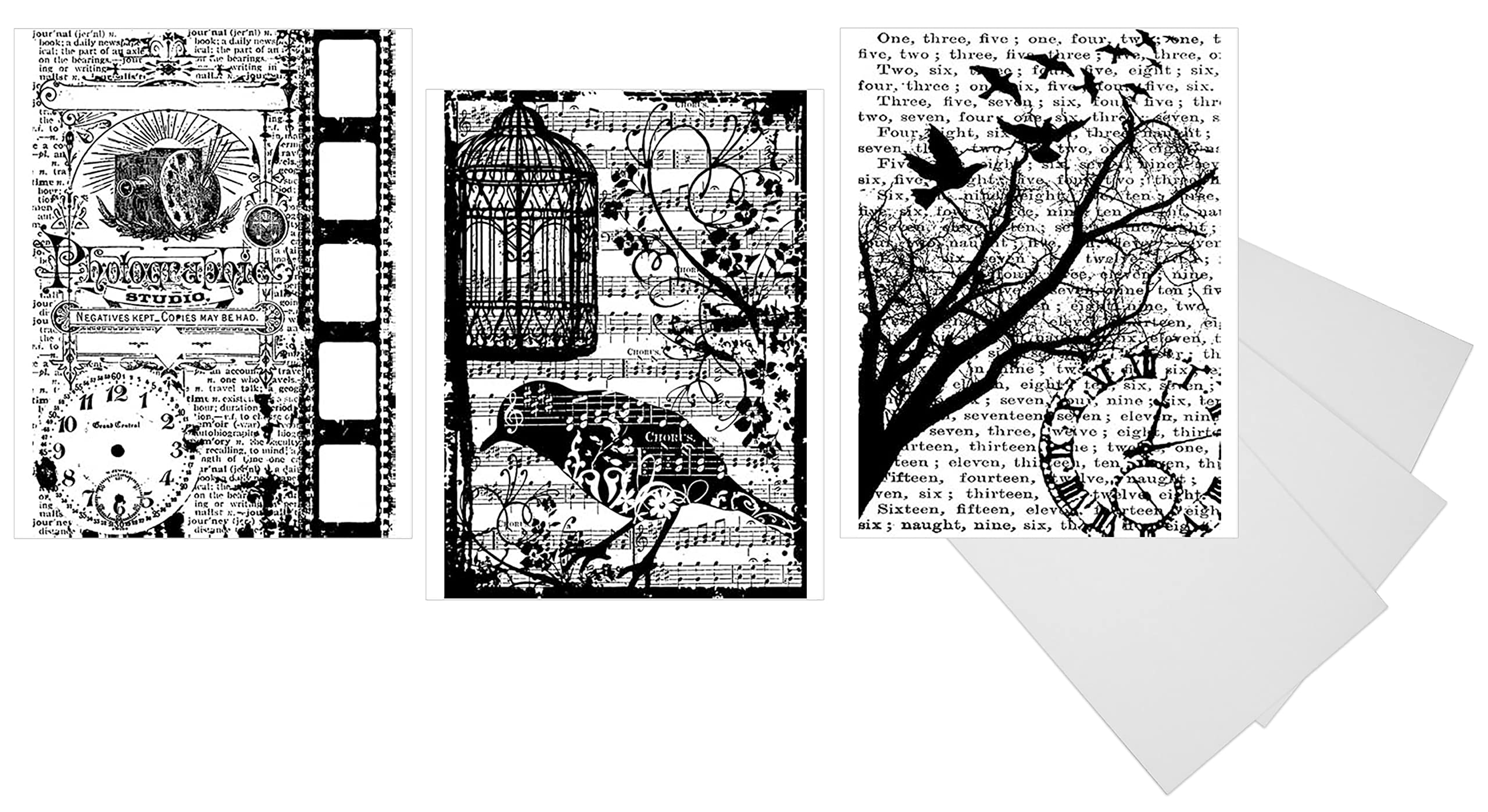 Script, Clock, Bird, Cage, Music, Tree Themed Cling Rubber Stamp Set for Mixed Media, Junk Journal, Card Making & Scrapbooking - Includes 3 White Cardstock - Perfect for DIY Crafts, Handmade Cards & Creative Art Projects
