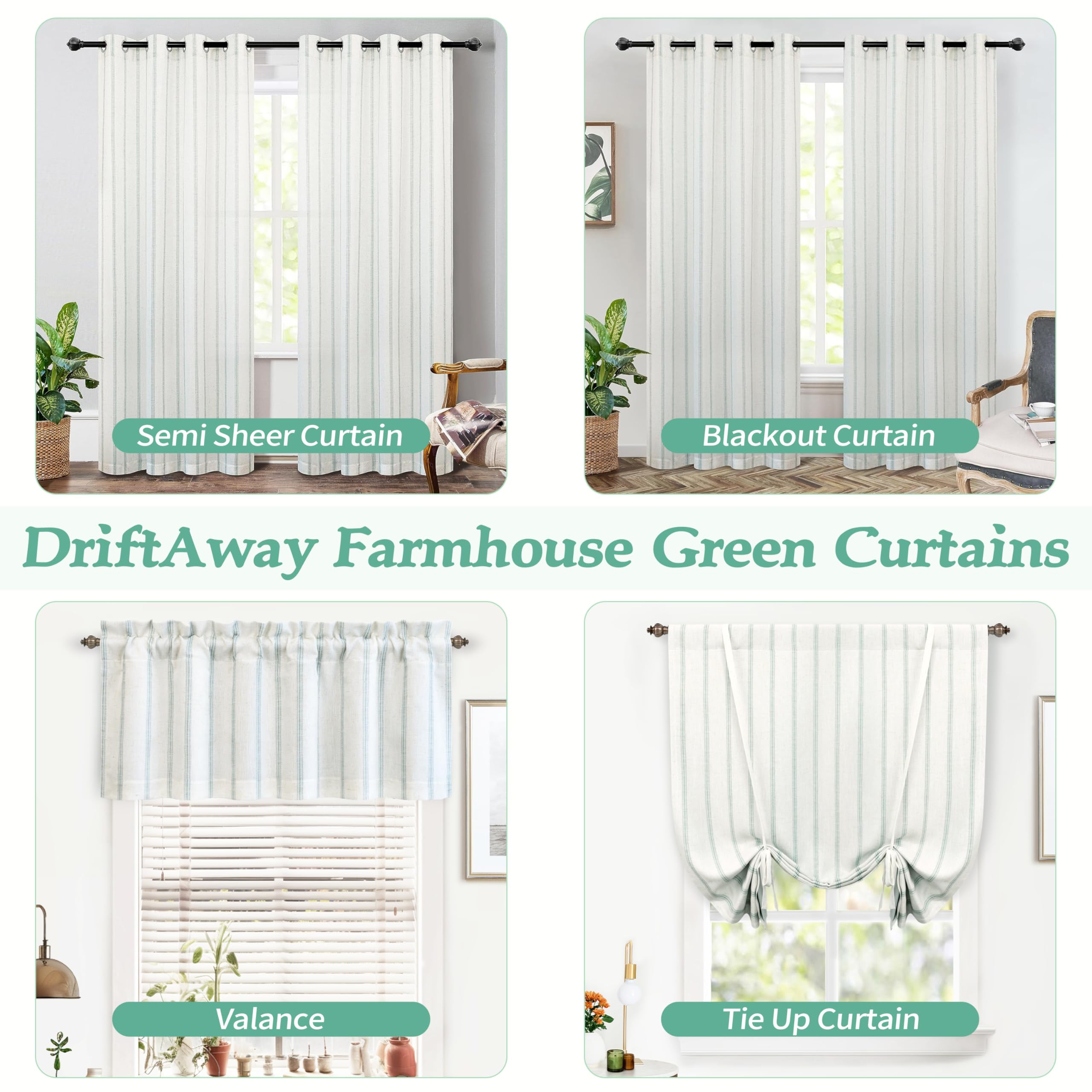 Thermal Insulated Blackout Curtains 45x63 Inch - Farmhouse Double Layer Linen Tie-Up Roman Shades with Adjustable Rod Pocket, Green Vertical Striped for Bathroom & Bedroom Windows - Energy Saving & Light Blocking Window Treatment for Home Decor
