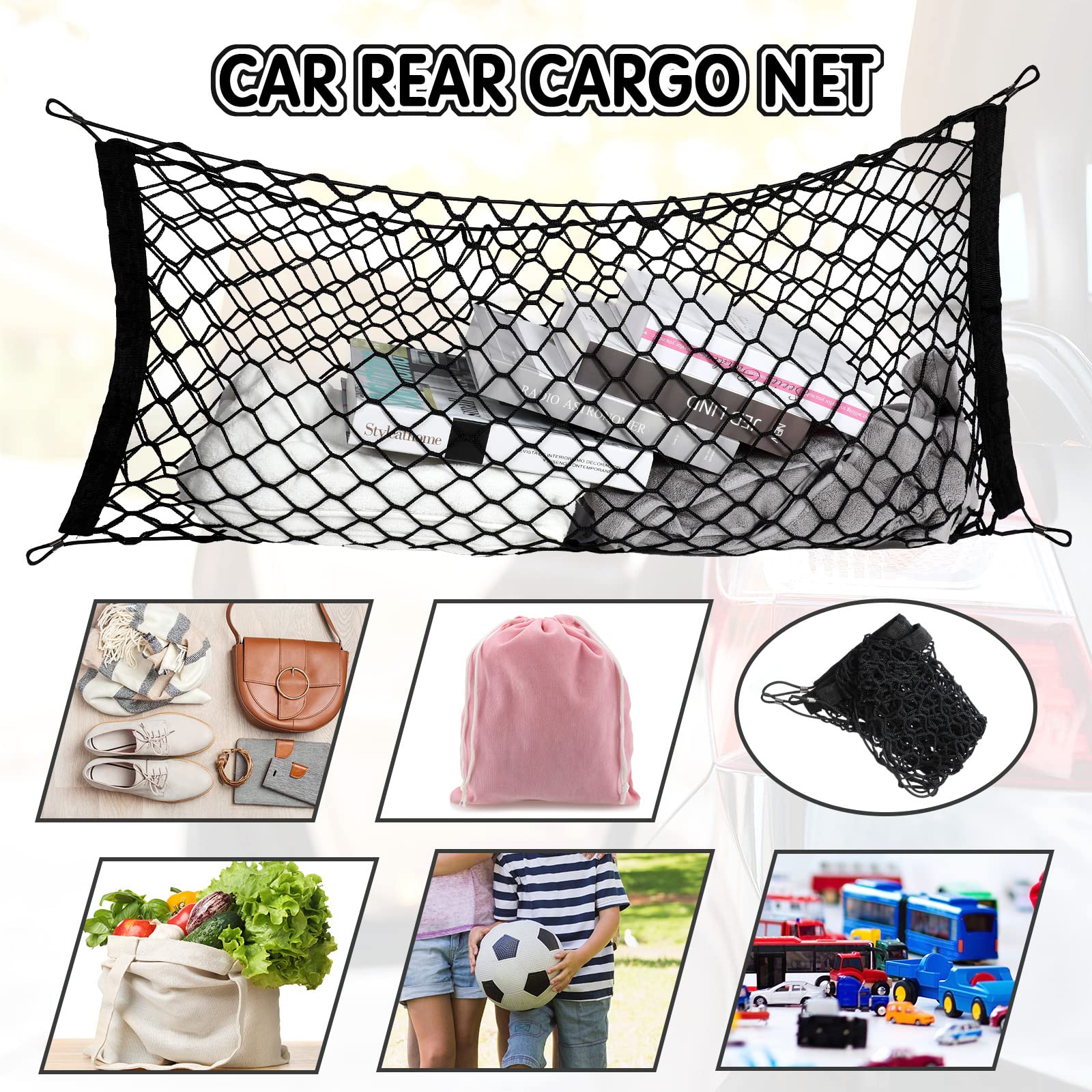 Tallew 3-Pocket Stretchable Cargo Net Trunk Organizer with Hooks & Buttonholes - Black Mesh Grocery Storage Bag for Pickup Trucks & SUV Beds (43.3 x 15.7 Inches) - Perfect for Road Trips, Camping & Daily Errands