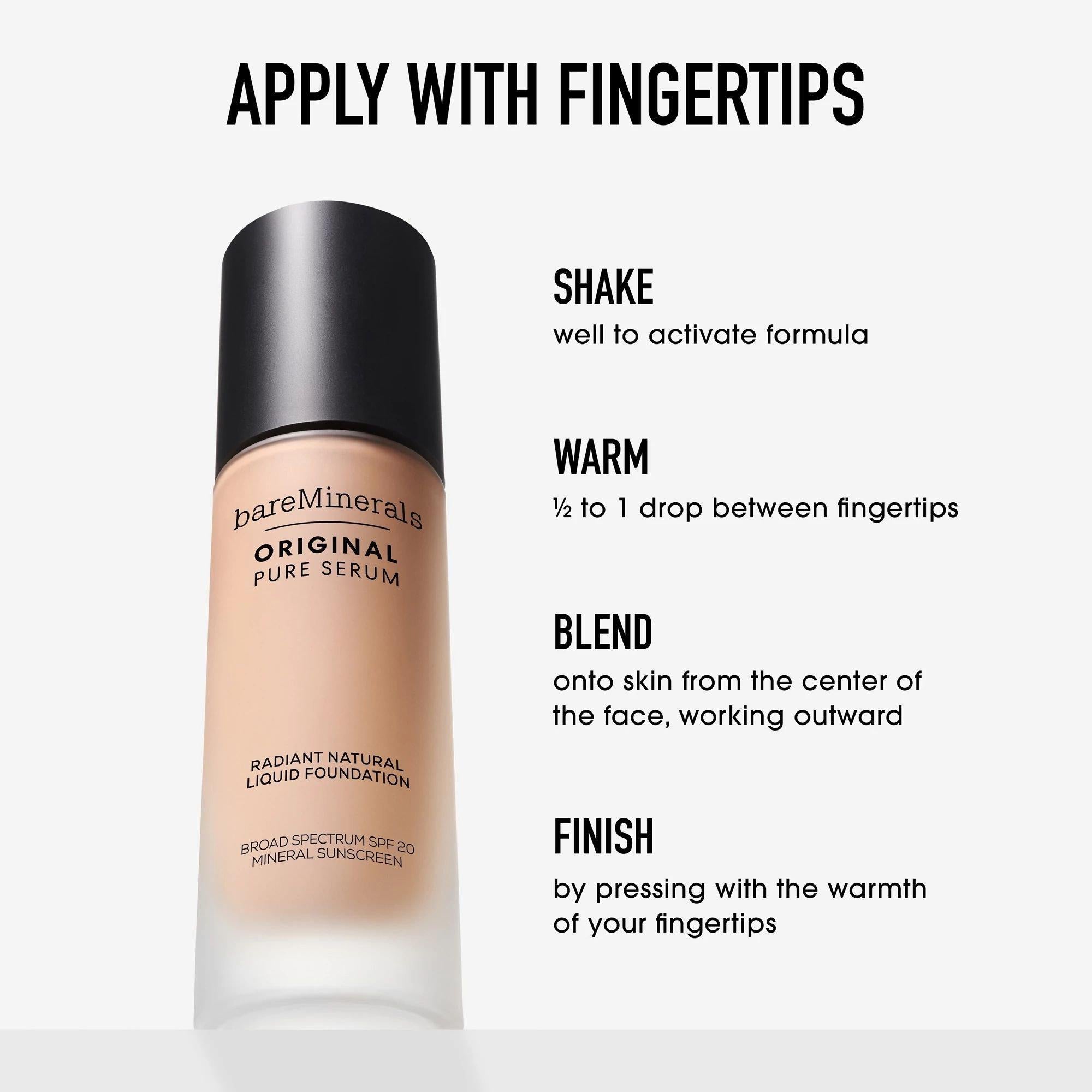 bareMinerals Original Pure Serum Radiant Natural Liquid Foundation SPF 20 - Lightweight Mineral Makeup for Flawless Coverage, Vegan & Cruelty-Free - Perfect for Daily Wear & Sensitive Skin