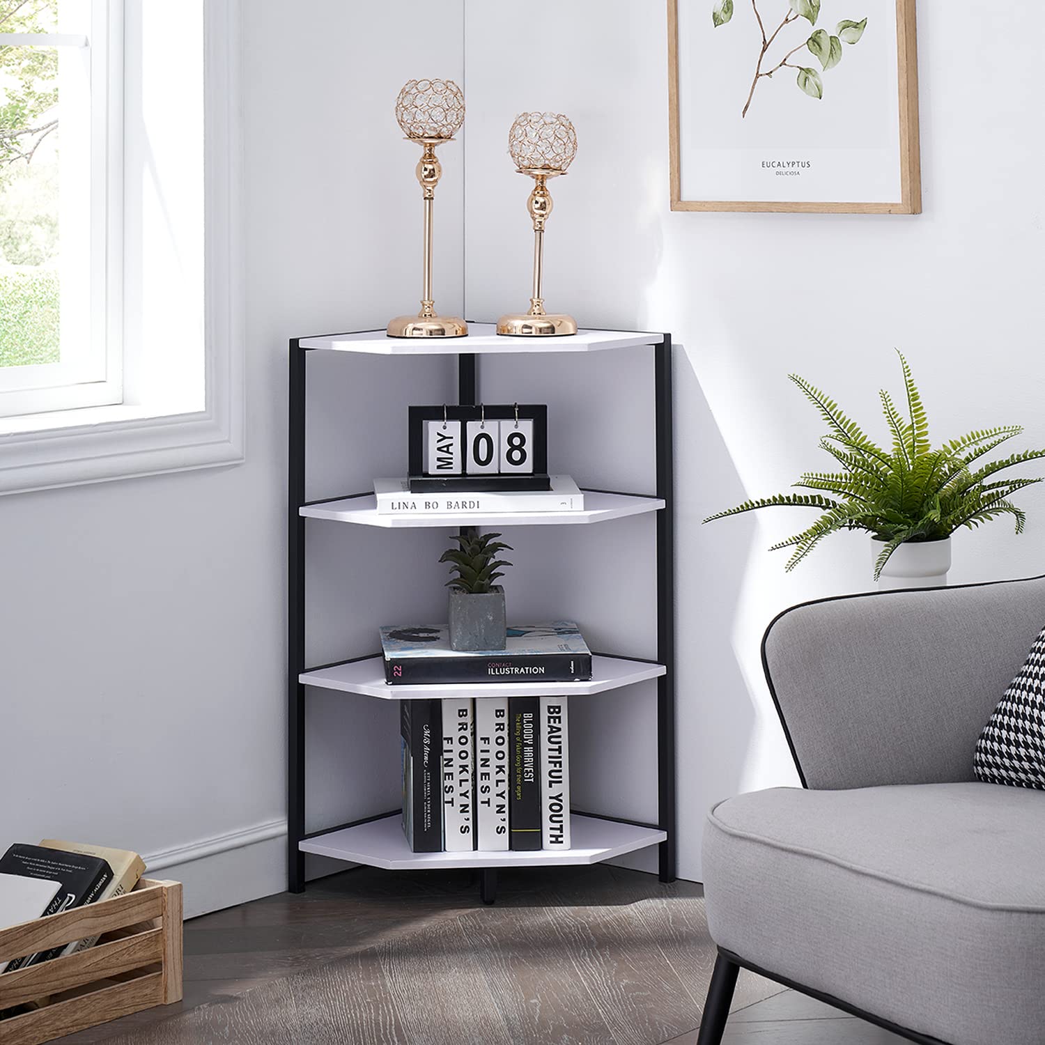 VECELO 4-Tier Corner Bookcase - White Floor Standing Bookshelf & Storage Shelf Unit for Home Office, Living Room, Kitchen - Space Saving Organizer for Books, Plants, Decor - Perfect for Small Spaces & Apartments