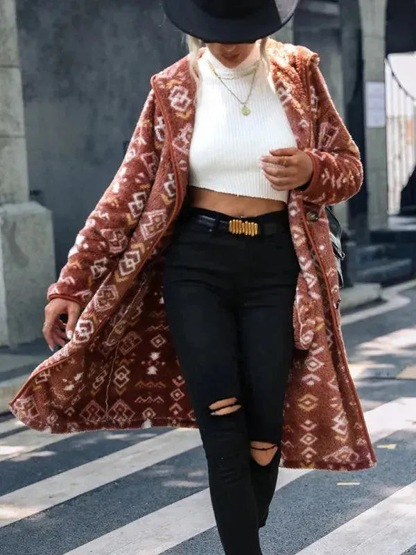 Women's Printed Hooded Trench Coat - Stylish Waterproof Windbreaker for Fall & Winter - Perfect for Outdoor Activities, Travel & Casual Wear